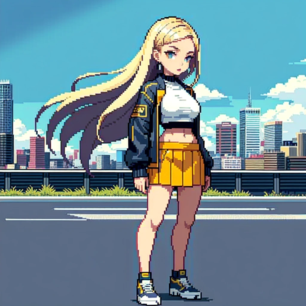 (masterpiece, top quality, best quality), pixel,pixel art,girl,crop top,jacket,skirt,city background,fullbody