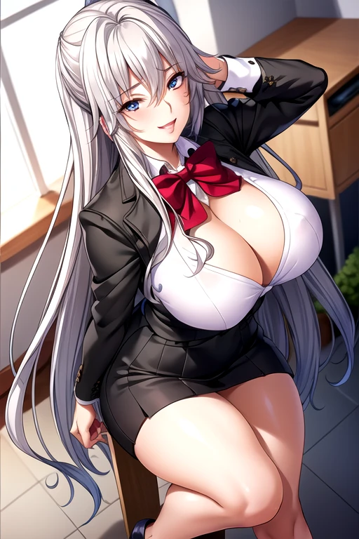 office lady, office skirt, office suit without bowtie, eye glass, bra, Full body pictures, white hair,blue Eye,long hair, 1 girl, 25 years old,Young women,beautiful Finger,beautiful long legs,beautiful body,beautiful Nose,beautiful character design, perfect Eye, perfect Face,expressive Eye,Perfect balance, looking at the audience,(Focus on her Face),shut up, (Innocent_大Target_Eye:1.0),Light_Smile, Official Art,Very detailed CG unity 8k wallpaper, Perfect lighting,rich and colorful, bright_front_Face_Lighting,有Light澤的皮膚, (masterpiece:1.0),(the best_quality:1.0), Ultra-high resolution,4k,Very detailed, photography, 8K, HDR, high resolution, absurd:1.2, Kodak Portrait 400, Film Grain, Blurred background, Bokeh:1.2, 镜头Light晕, (Energetic_color:1.2),Professional photographer, (beautiful,Target_Chest:1.2), (beautiful_Face:1.5),(narrow_waist), smile