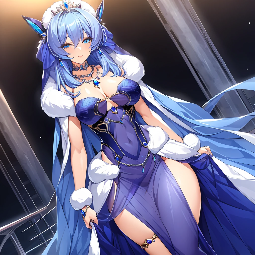 ((highest quality)), ((masterpiece)), (detailed), （Perfect Face）、The woman is Extia and has long blue hair.、A gorgeous blue see-through dress with a long slit that lets you see right through to the skin, a see-through cape with fur, a necklace with jewels, a tiara, earrings, a head dress-up chain, a waist chain, bracelets, ankle bracelets, etc.々She wears lavish jewelry and shiny blue boots.