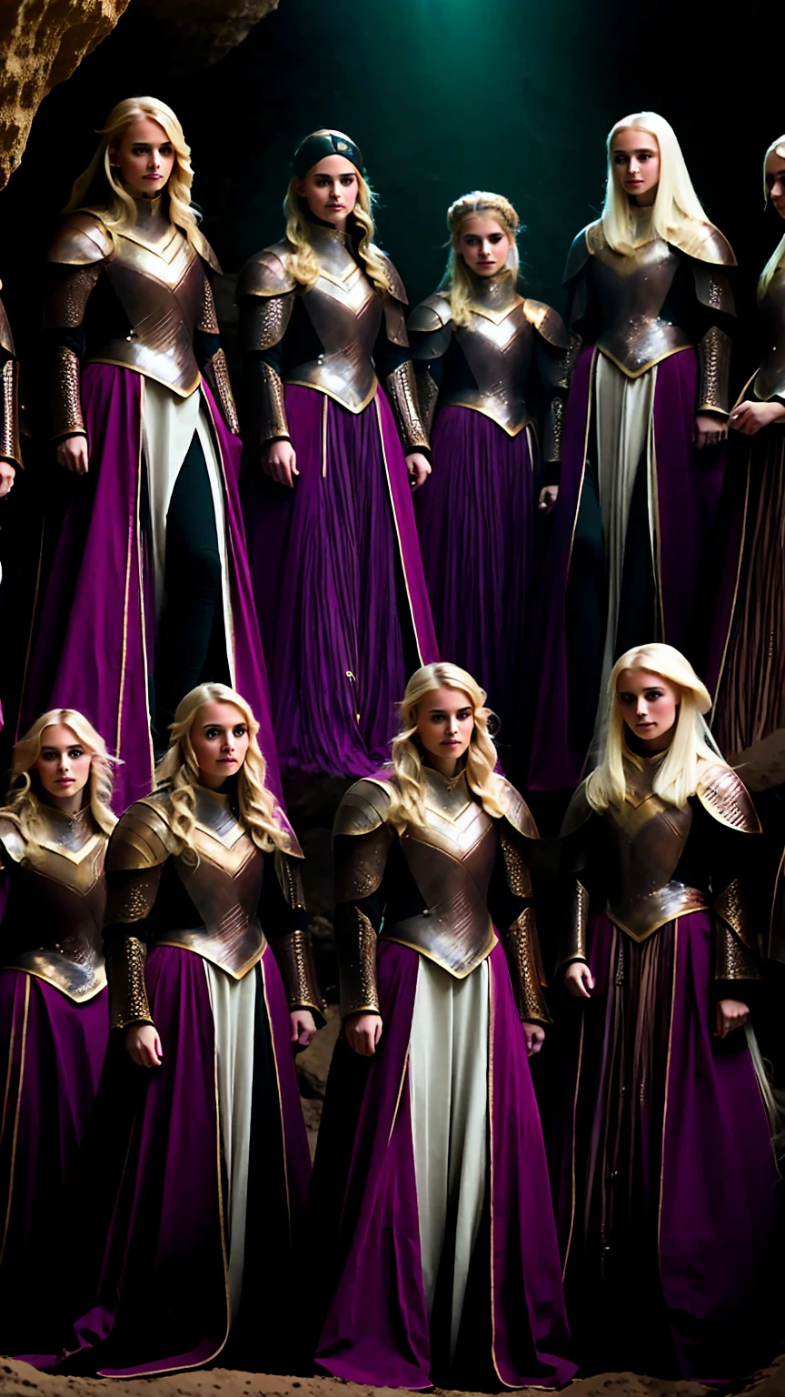 A group of female knights, (in the cave), various hairstyles, harem, wearing wizard clothes, wizard armor, night, face details, using spells, seductive, magic circles,