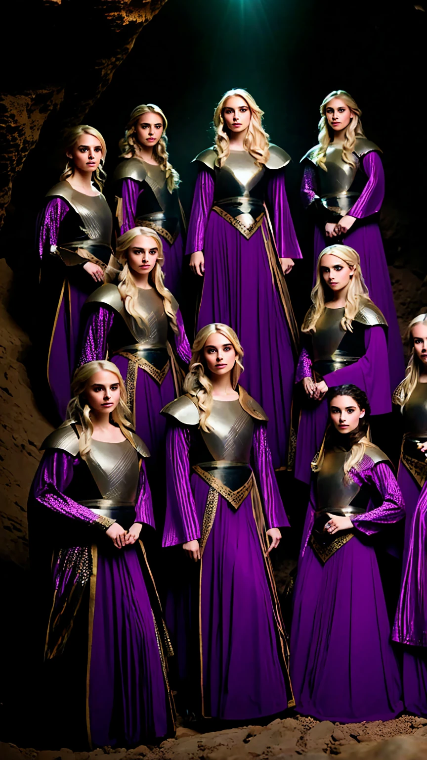 A group of female knights, (in the cave), various hairstyles, harem, wearing wizard clothes, wizard armor, night, face details, using spells, seductive, magic circles,