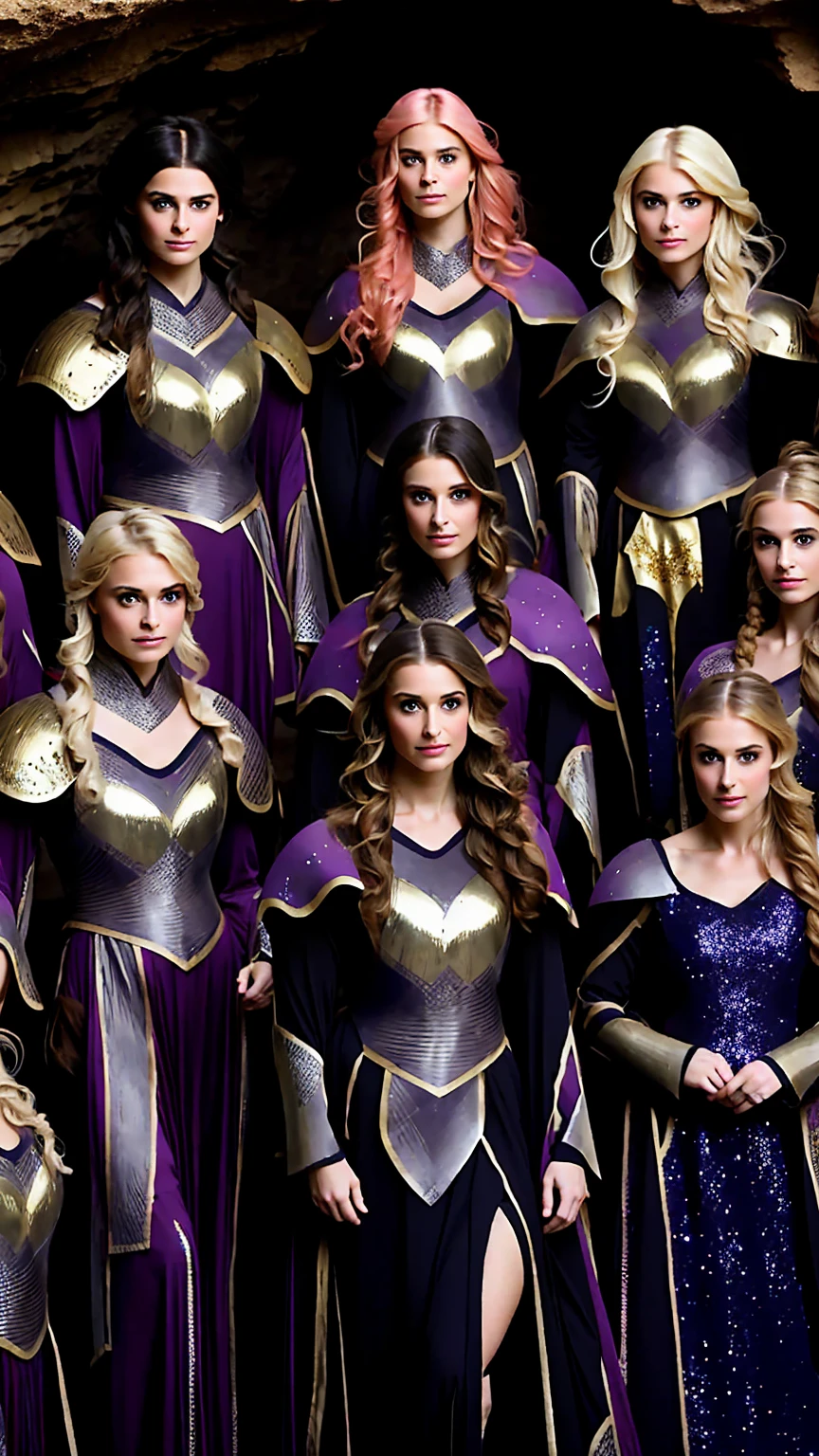 A group of female knights, (in the cave), various hairstyles, harem, wearing wizard clothes, wizard armor, night, face details, using spells, seductive, magic circles,