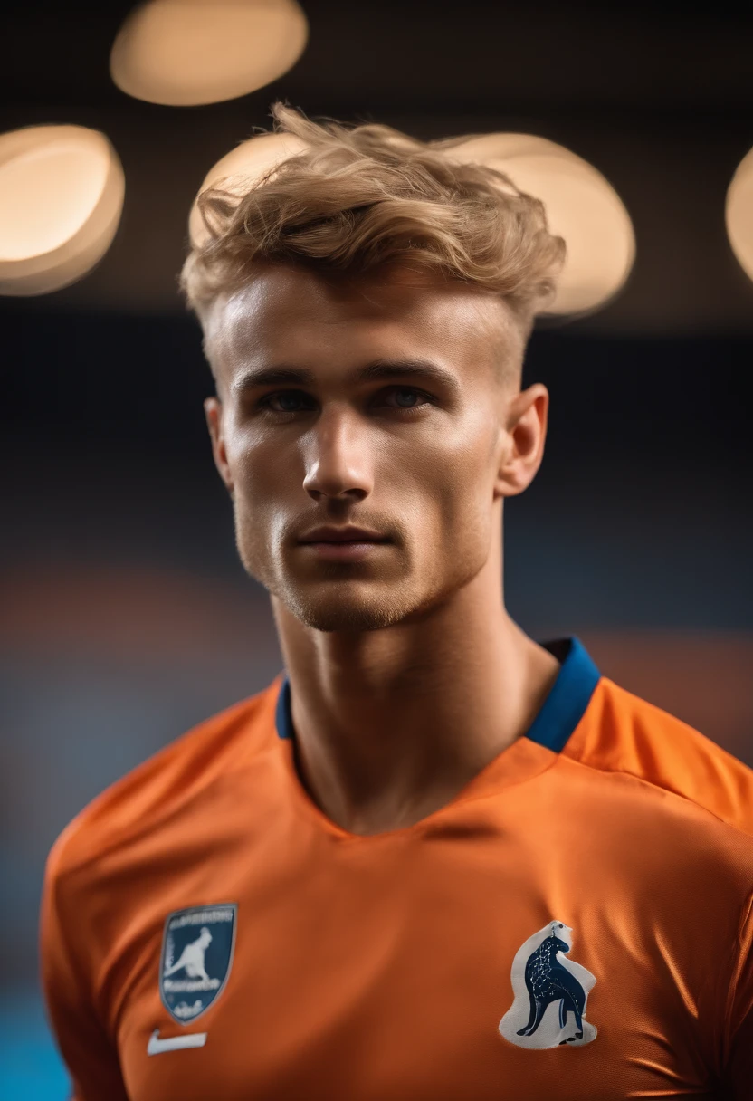 Photo of 23 year old French soccer striker. Blue eyes. Blonde. Messy scissor cut. Straight hair. Light blue and orange jersey. Posing for the image. Crossed hands. Studio light. masterpiece, best quality, highres, realistic, photogenic, masculine, (big muscles), as ((dark tanned)), his proud face due to victory ,HDR, octane, 8k, subsurface scattering,dinamic light,sunkissess,high detailed skin,high detailed face, Epic