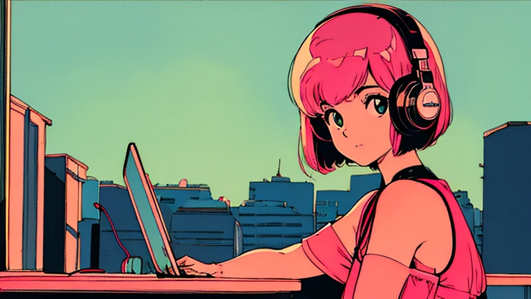 City pop style art, shoulder-length pink hair, fluffy bob cut, Wearing headphones, Futuristic yet lo-fi, Retro, Vintage, Ghost,masterpiece, (( Side Shot)), 
Sit at a desk and concentrate on studying, Laptop and coffee on the desk