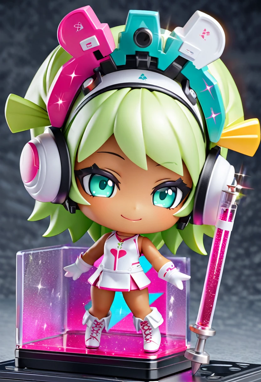 Figure, (chibi, flat,Nendoroid:1.5),octane,3D rendering,(masterpiece, best quality:1.1), (ultra highres, ultra-detailed:1.2) ,1 girl,tween,cute, white frog headgear,tanned dark skin,big headgear,lightgreen hair,side bangs,white sleeveless nurse one piece,white frog gloves,mini skirt,white platform boots,small breast,has a large syringe,in cyberpunk metropolis,(fullbody),smile,detailed face, depth of field,Portrait,beautiful lighting, volumetric lighting, dynamic angle,(Glitter:1.5) ,(sparkle:1.5) ,popart style,