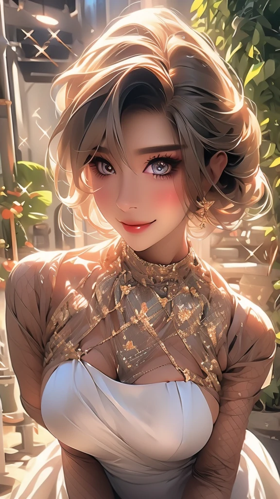Very detailed, beautiful, highest quality, Professionally taken photos, Like a poster, detailed beautiful round eyes, beautiful detailed face, Whole Body Ezbian, Medium Long Hair, Casual Hairstyles, (Random color hair, Golden mesh), Big eyes, Random color eyes, Long eyelashes, Thick mascara, Dark eyeliner, (Huge breasts), (Bust about to burst:1.45), Wide selection, Thick waist), (Wide Hips:1.4, Toned thighs, Body Curves), 40 years old, woman, (White tight dress, white), Perfect Face, Perfect body, Sexy pose, (A shy smile), Random Location, nature, (alone), The light on my face,
