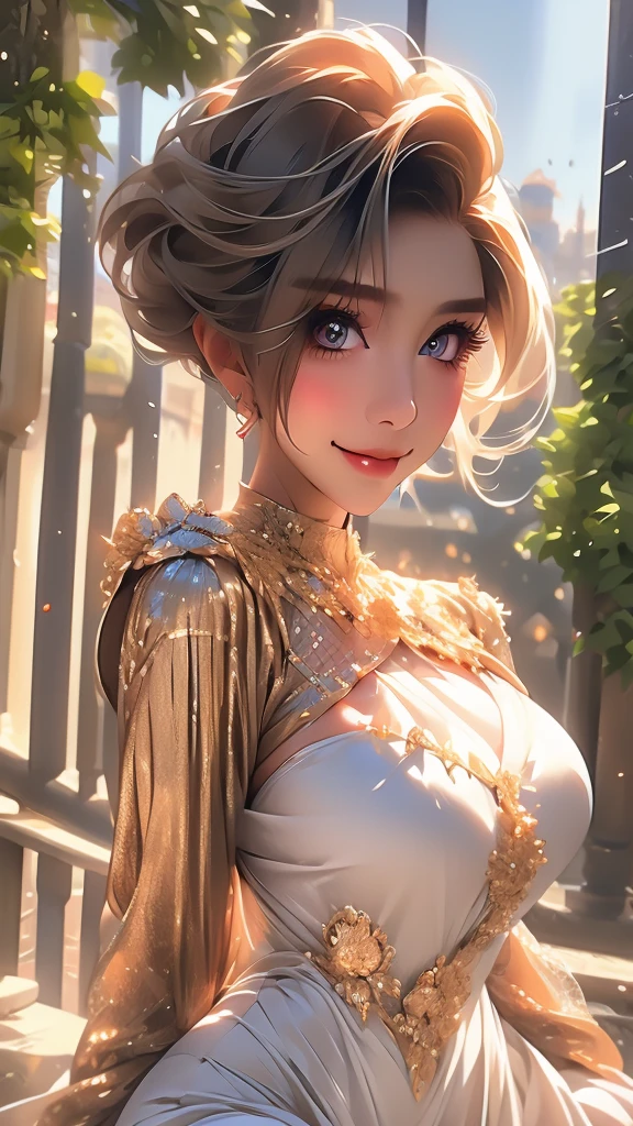 Very detailed, beautiful, highest quality, Professionally taken photos, Like a poster, detailed beautiful round eyes, beautiful detailed face, Whole Body Ezbian, Medium Long Hair, Casual Hairstyles, (Random color hair, Golden mesh), Big eyes, Random color eyes, Long eyelashes, Thick mascara, Dark eyeliner, (Huge breasts), (Bust about to burst:1.45), Wide selection, Thick waist), (Wide Hips:1.4, Toned thighs, Body Curves), 40 years old, woman, (White tight dress, white), Perfect Face, Perfect body, Sexy pose, (A shy smile), Random Location, nature, (alone), The light on my face,