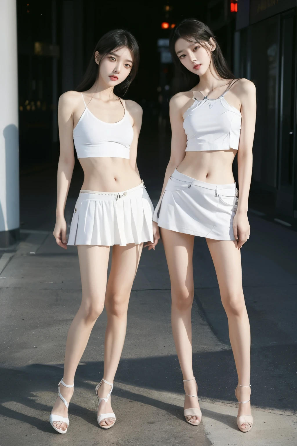 (highest quality,  8K masterpiece: 1.3), concentrated: 1.2,((((Both of them stand with their legs apart)))),(((Both of them have an inseam that is more than half their height.))),((Bare legs)),((Both of them are extremely slim))，((They both have super slim legs)),((2人ともアジア人離れした超tall)),((They are both the same height)),((Two beauties with perfect supermodel style: 1.2)), Super thin waist: 1.2, Thin buttocks,Open the navel,完璧なSuper thin thighs: 1.2),(((Both of them have amazingly slim figures.))),((Denim micro mini skirt)),Highly detailed face and skin texture,Symmetrical face, Beautiful Eyes, Beautiful Face,balanced eyes, White skinned asian, Ultra-Realistic Details,((Slender Asian Girl)),((K-Pop Idols)), Natural Shadows,(((((Both of them take full body shots: 1.8))))),(Very small hips),Large firm breasts, Super long thighs,(Super thin thighs),(Super slim calves),((Small Ass)),Super muscular body,Super toned waist,More emphasis on the abdominal muscles，((Both of them are muscular and have clearly defined six pack abs.)),Super thin waist,((White high heels)),(tall),(((Both of them are extremely exposed.))),lengthen limbs,((Standing on the street in Ginza, Tokyo)),(White short mini camisole),Hands on hips,Both of them face forward，(((Both of you should face your whole body straight ahead.))),Super long arms,Thin hands,(Long black hair),((Both of them stand up straight.)),(Keep your hips facing forward),Both of them are beautiful with a 9-head body proportion.,Very thin ankles,The arms are very slender and muscular,The legs are super slender and muscular,Make your arms thinner,Super slim and muscular legs,Both of them have super long legs.,The middle of the thighs are very thin,Super muscular and extremely slim calves,Super muscular and slim thighs,Very tight waist,(Both of them have an inseam that is more than half their height.の美脚),Extremely thin thighs,Fine skin,Firm skin,(((Both of them should fit from the top of their heads to the toes of their heels.))),(((Both of them have super slim legs))),Both of them have super slim and muscular legs.,Sunny afternoon,Bright outdoors,((Low - Angle)), ((Wide open abdomen)),information