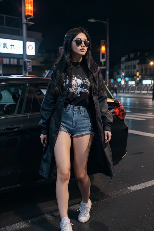 A sense of future technology,anime gorgeous girl,black long straight hair,With black sunglasses,Outer jacket light-transmitting waterproof material,T-shirt chinese dragon logo(important), Denim shorts and black silk,Wear white sneakers,Domineering moves,Paris at night