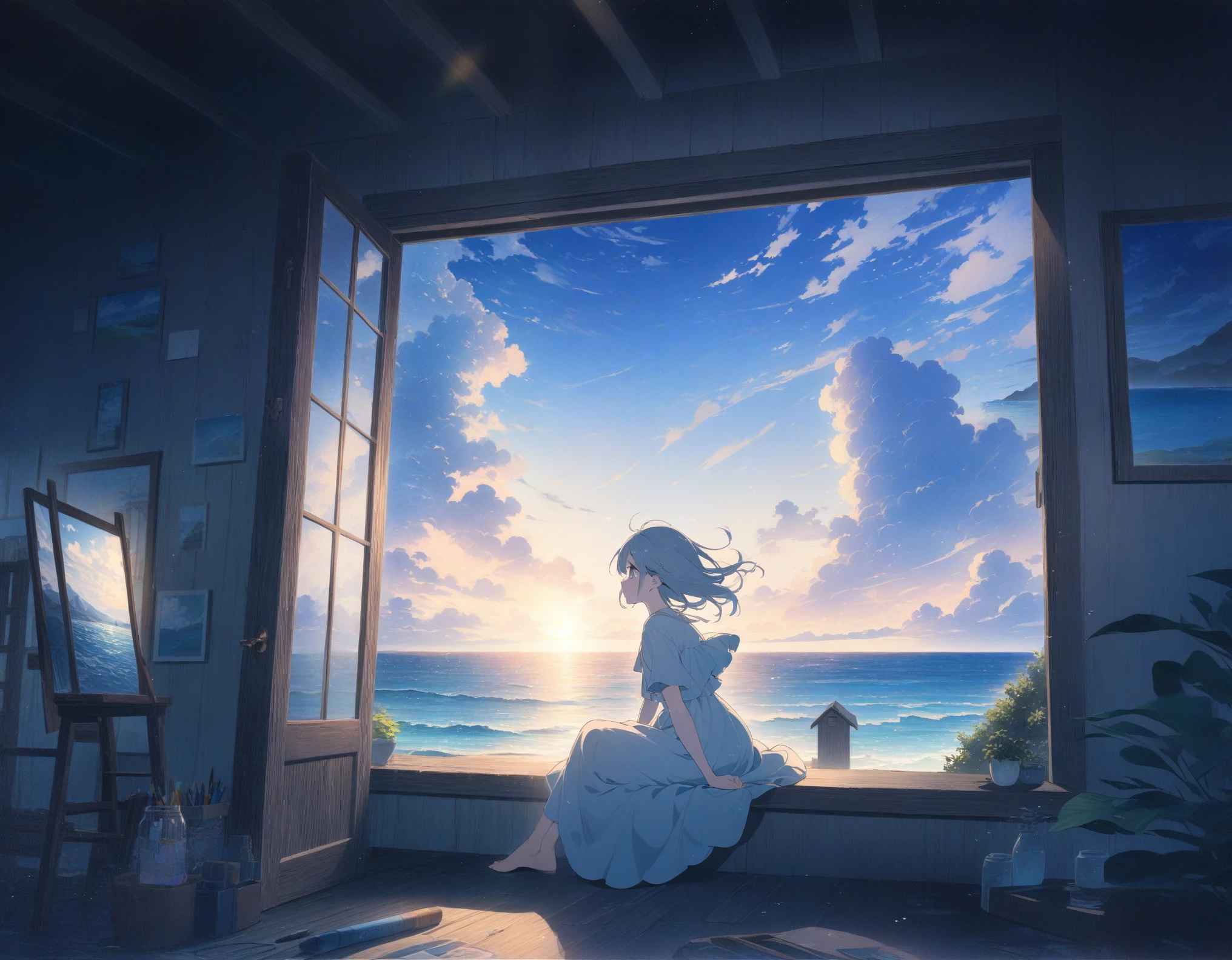 ((style:Colored pencil,pale colour)),(anime)、(masterpiece:1.2),Large cumulus clouds visible from the room、Summer sky、(Girl sitting and looking outside)、A large depiction of the blue sky、Summer landscape、Old house near the sea、(Hair fluttering in the wind)、Light effects