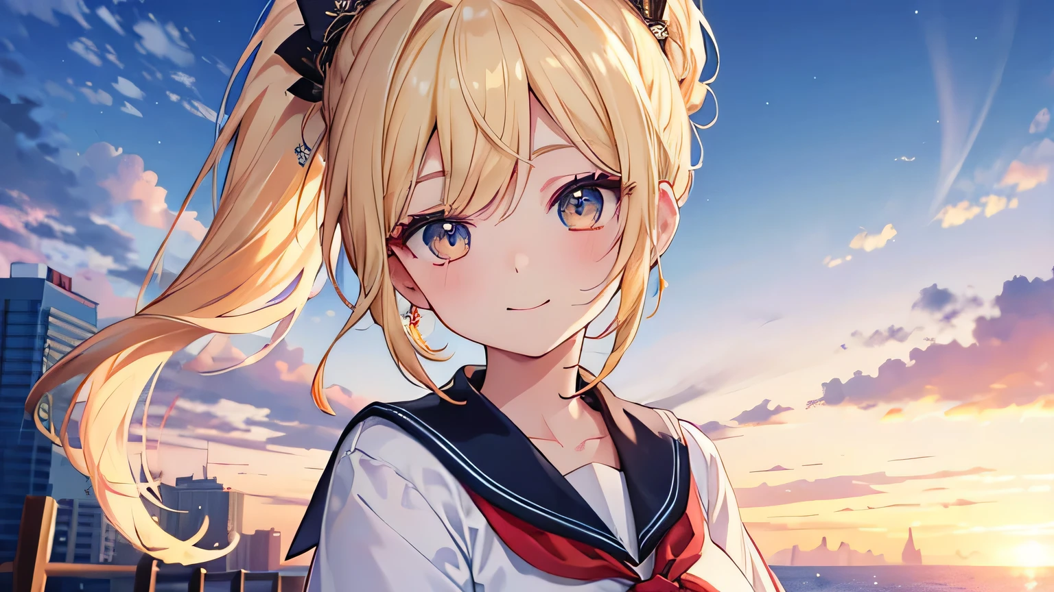 ((highest quality)), ((masterpiece)), (detailed), Perfect Face、evening、On the way home、blonde、Smooth Hair、ponytail、Sailor suit、A shy smile、Upper Body、8K、