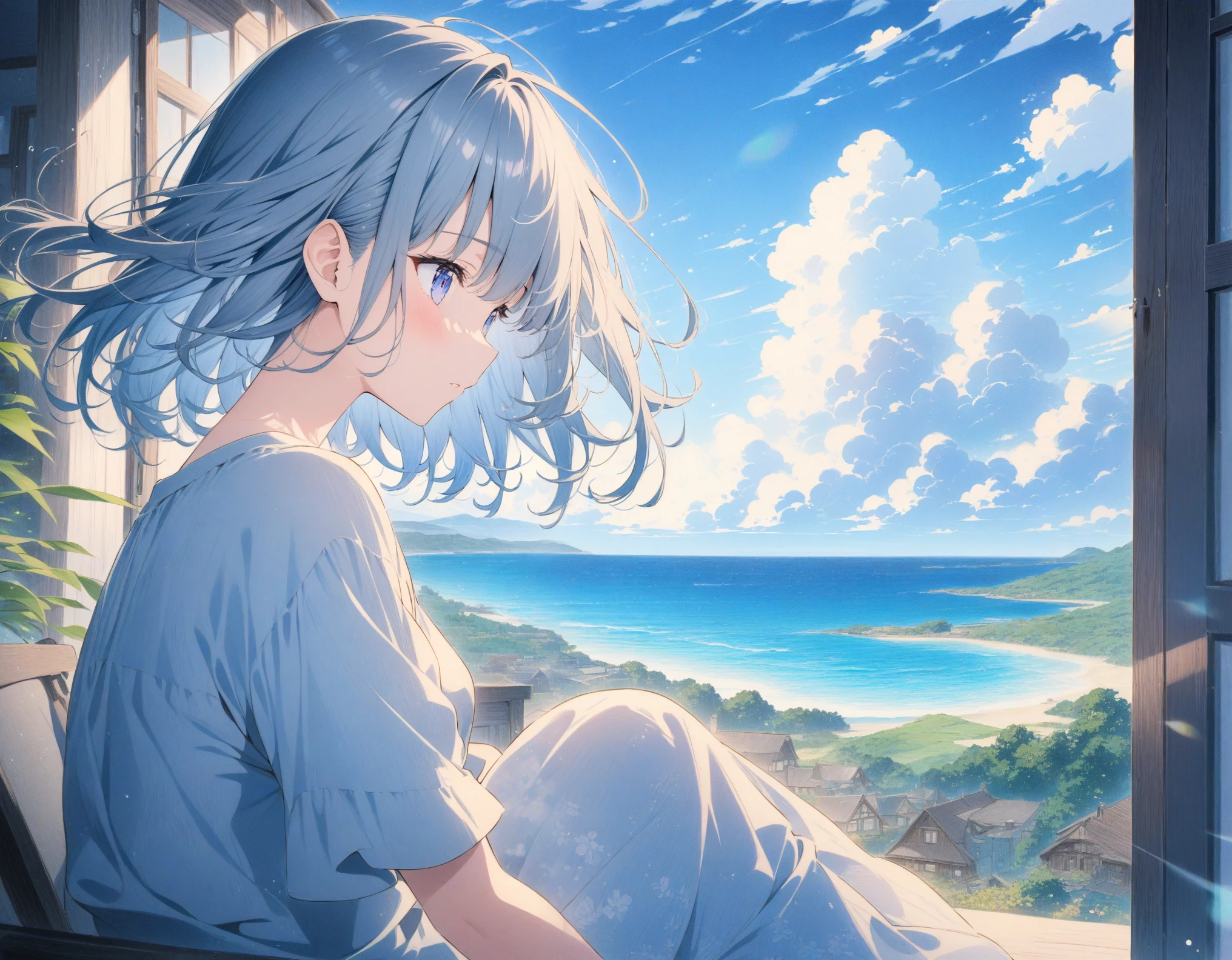 ((style:Colored pencil,pale colour)),(anime)、(masterpiece:1.2),Large cumulus clouds visible from the room、Summer sky、(Girl sitting and looking outside)、A large depiction of the blue sky、Summer landscape、Old house near the sea、(Hair fluttering in the wind)、Light effects