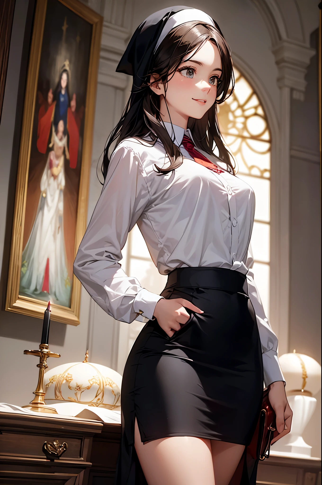 ((Biologically correct limb count))、(( Illustrations including faces))、4K、Masterpiece、((Focus on the face))、((Symmetrical, well-proportioned facial features))、Eyes with delicate depictions、Beautiful woman、Outstanding style、Slender Body、(shirt、High heels、((skirt)))、(Looking up、smile)、((Upper body close-up))、The background is the shrine grounds in the morning.、((Realistic photo))、profile、(((Religious paintings)))