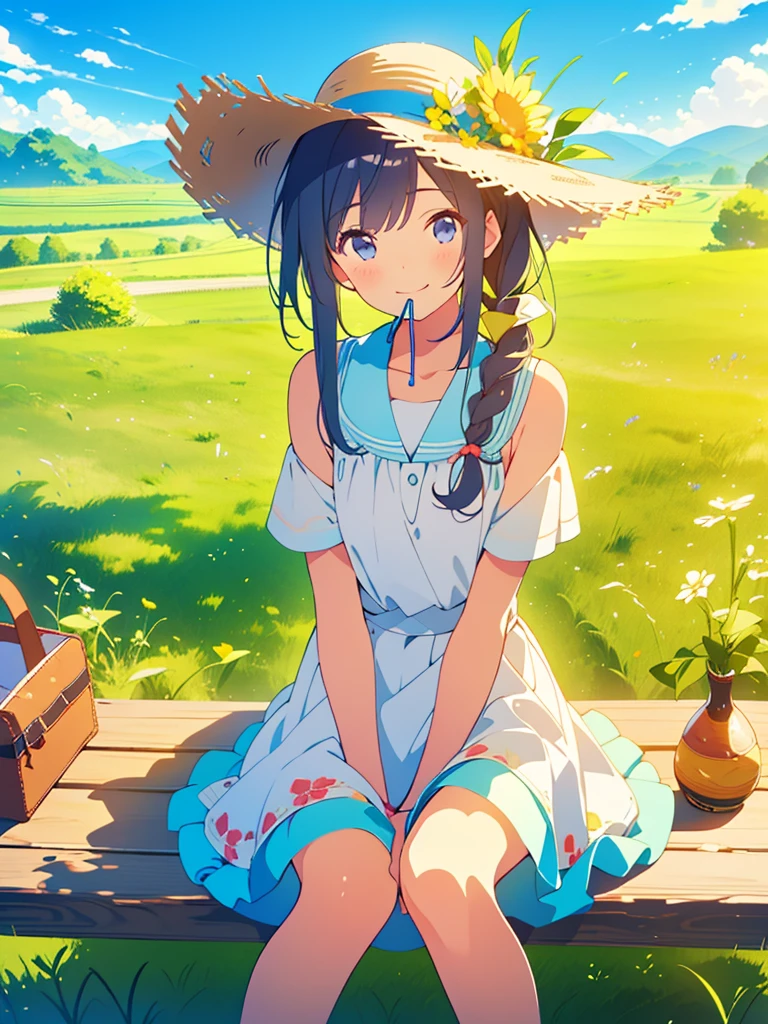 masterpiece, Highest quality, perfect anatomy, {1girl}, {li}, boyish, black hair, very short hair, Cut hair, Sunburn, White one-piece dress ,straw hat, Red sandals, squatting, summer sky, clear stream, Rural Japan, cinematic lighting, beautiful detailed eyes,sunlight, Composition from the front, Top view, Double Peace