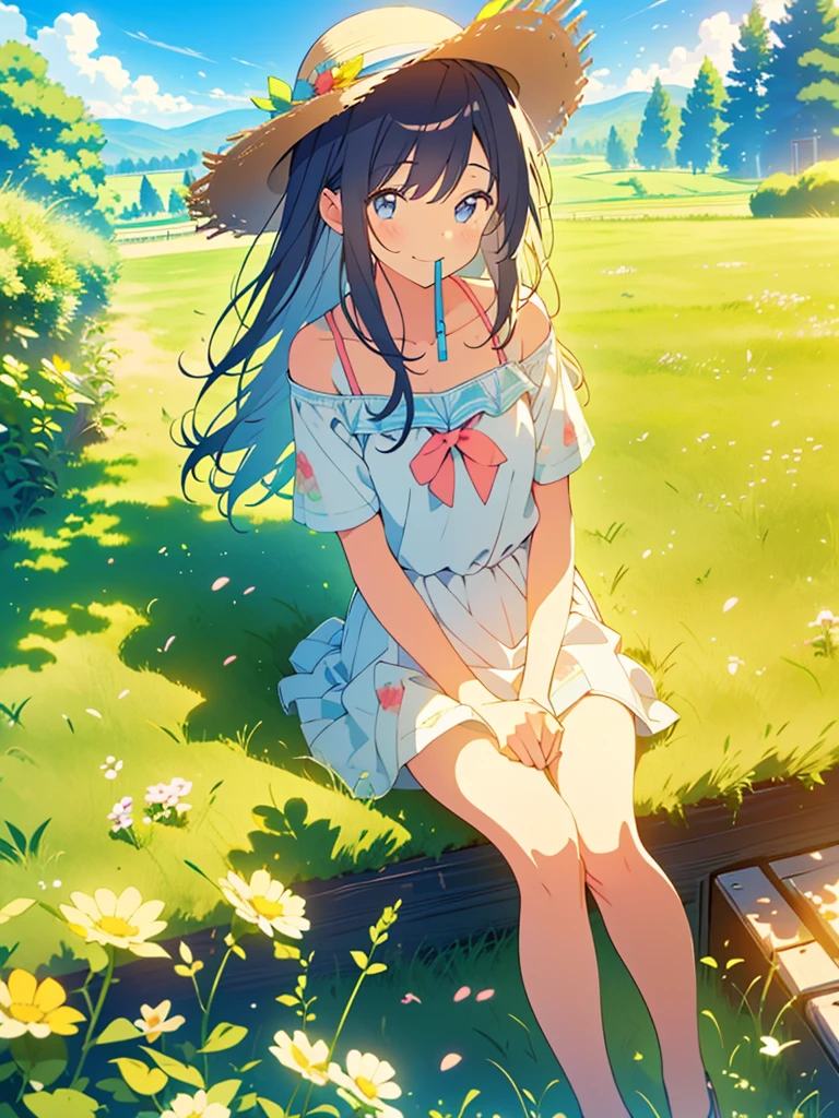 Masterpiece、highest quality、A grassland with blue skies、summer、Sitting on a bench、(One girl)、One girl、Wearing a straw hat、Smile with your mouth closed、summer服、
