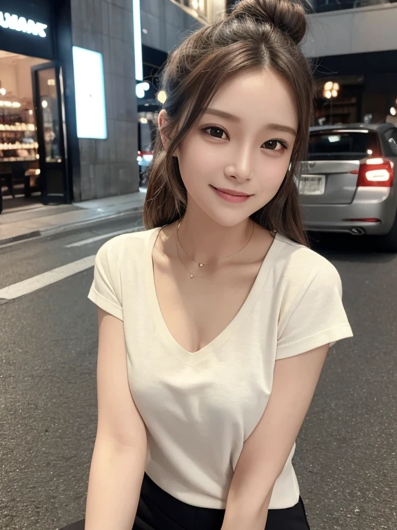 masterpiece, highest quality, High resolution,alone,Brown,artistic,Best lighting,casual,Flat Chest,Beautiful Face,expensive,smile,light makeup,Age 24,Calm woman,Detailed Hair,Laughing woman,Face Focus,Forehead,,Bun Hair,night,Shopping Street,Pants Style,Woman wearing a T-shirt