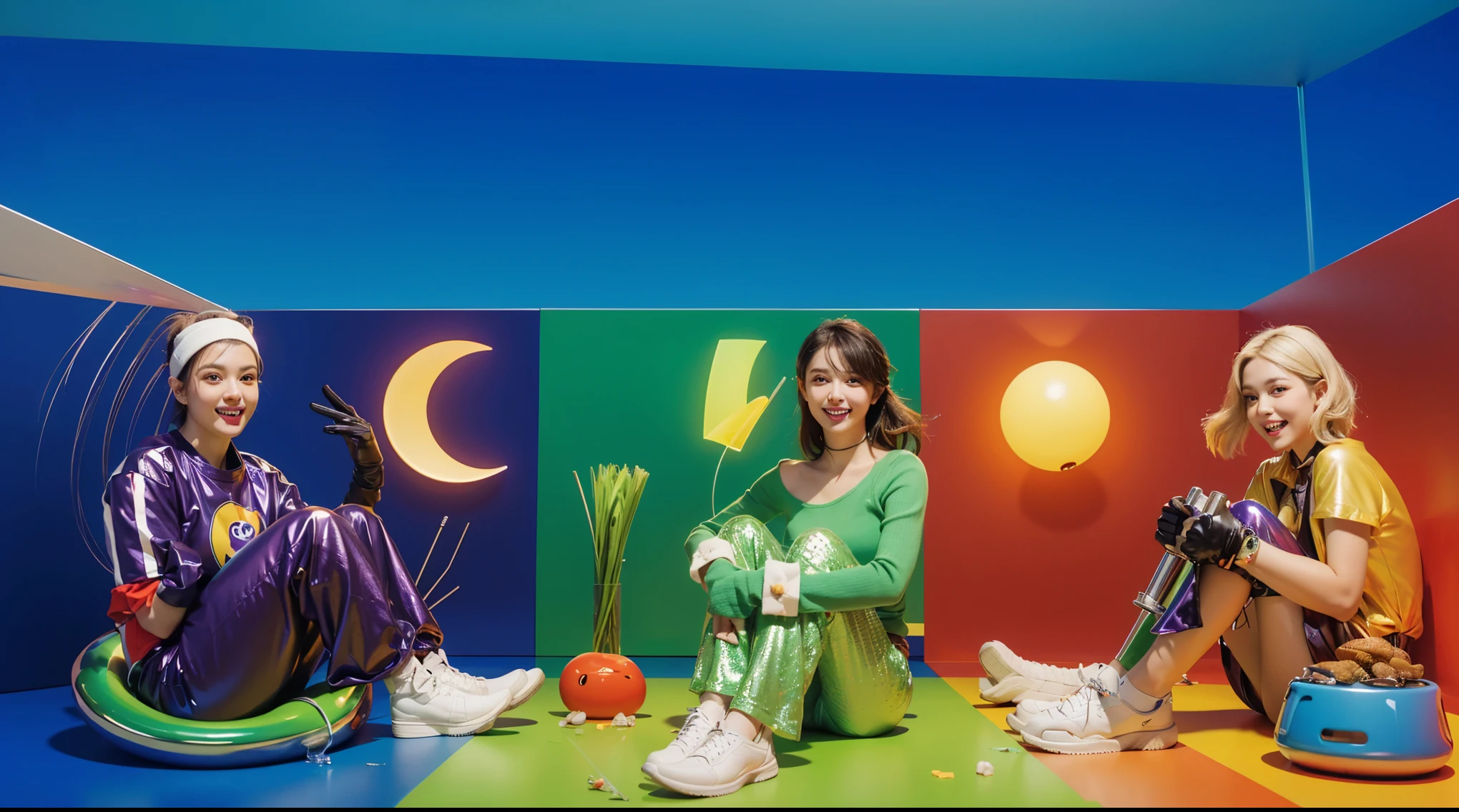 An empty room with a wooden floor, colored walls (red, blue, and green) and a white ceiling. The walls meet at a corner, creating a rainbow color effect on the floor. glossy texture, smooth 3d model, multiple light sources, rim light, sharp post effects render, (glossy plastic texture with multiple big light probe refractions), perfect cgi, smooth silhouette, high intensity refraction, (super glossy material), most beautiful vfx, blue background, plastic refractions, realistic, 4k, high resolution, rim light, photo shoot, commercial photo, profile shot, 4k, rim light, high resolution, 4k, glossy texture, smooth 3d model, multiple light sources, rim light, sharp post effects render, (glossy metallic texture with multiple big light probe refractions), perfect cgi, cgi art created only with gradients, smooth silhouette, high intensity refraction, (super glossy chrome material), most beautiful vfx, blue background, chrome metal refractions, multiple light sources, rim light, sharp post effects render, perfect cgi, digital art, detailed digital art, reflective, bestPurple creature with black eyes and a smile and a pool in its mouth deep children's water pool filled with beautiful water with waves. A young girl sits on a pool float with an alien character in the background. The image depicts a close-up of a large, metallic spider-like robot with six legs and a body that resembles a combine