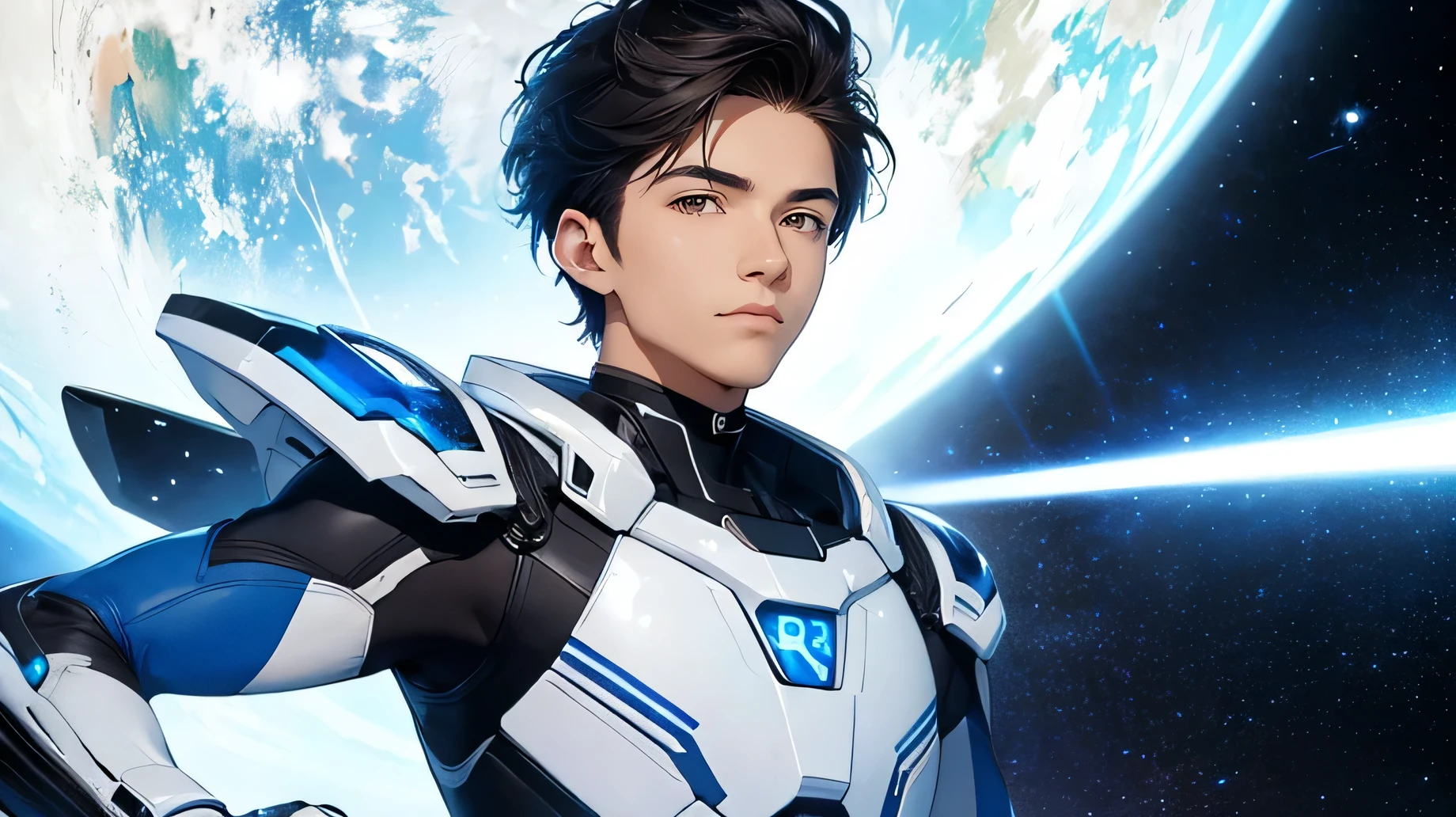 Handsome 18 year old cyborg 　Brown Eyes　future　universe　Science fiction　The background is the galaxy universe　A very tight white and blue rubber suit　Plug Suit　Gloves　looking at the camera　White big bulge　Very short, cropped black hair　