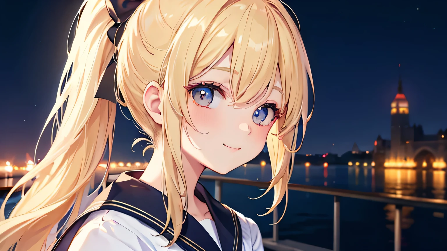 ((highest quality)), ((masterpiece)), (detailed), Perfect Face、evening、On the way home、blonde、Smooth Hair、ponytail、Sailor suit、A shy smile、Upper Body、Angle from the side、8K、