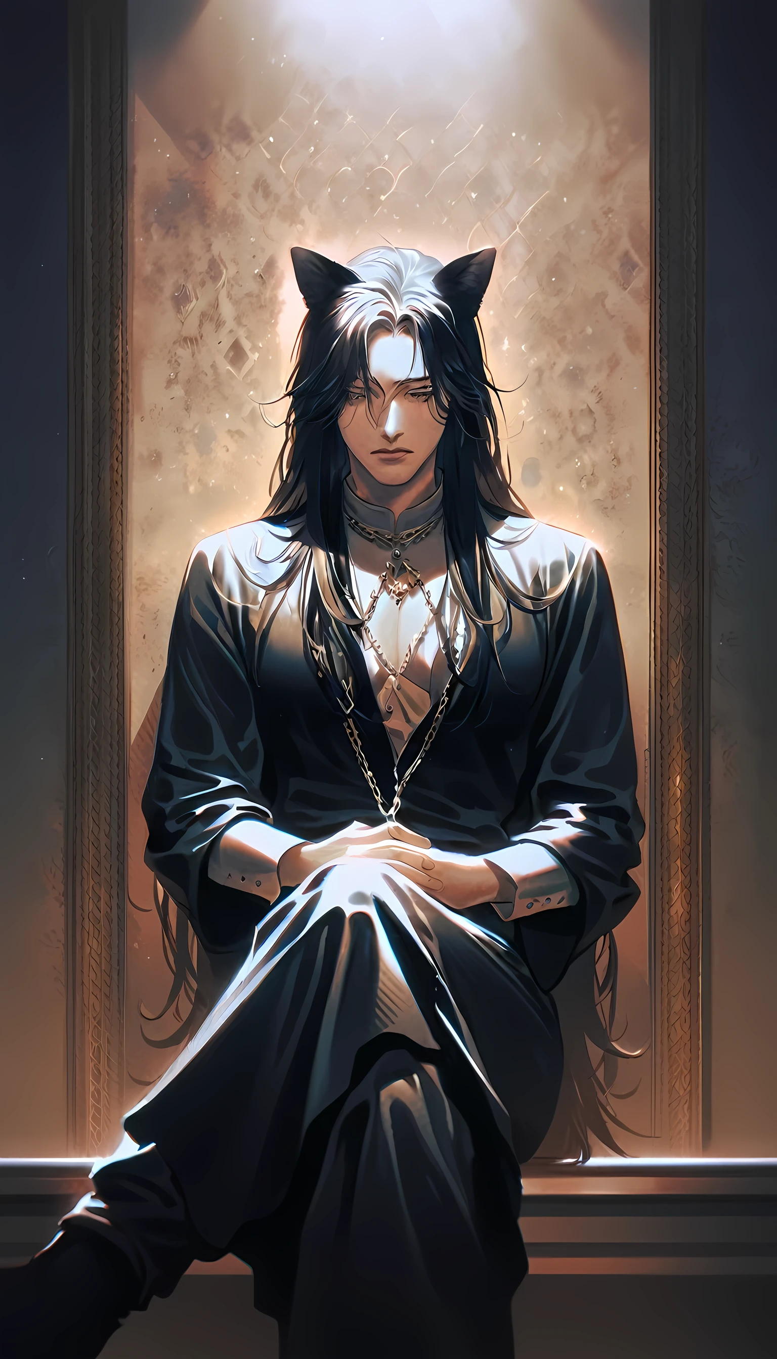  handsome man,alone,has dark bule cat ears,dark blue long hair, messy hair, beautiful and delicate white eyes,rosy cheeks,wear black clothes that show his breasts,he crossed his legs,sitting at a very high place, looks down, in the basement,Iron chains behind him, true-to-life textures,highly refined details,dramatic lighting,seamless blending of colors,vibrant hues,artistic composition,breathtaking realism,masterful craftsmanship,haunting handsome-v6
