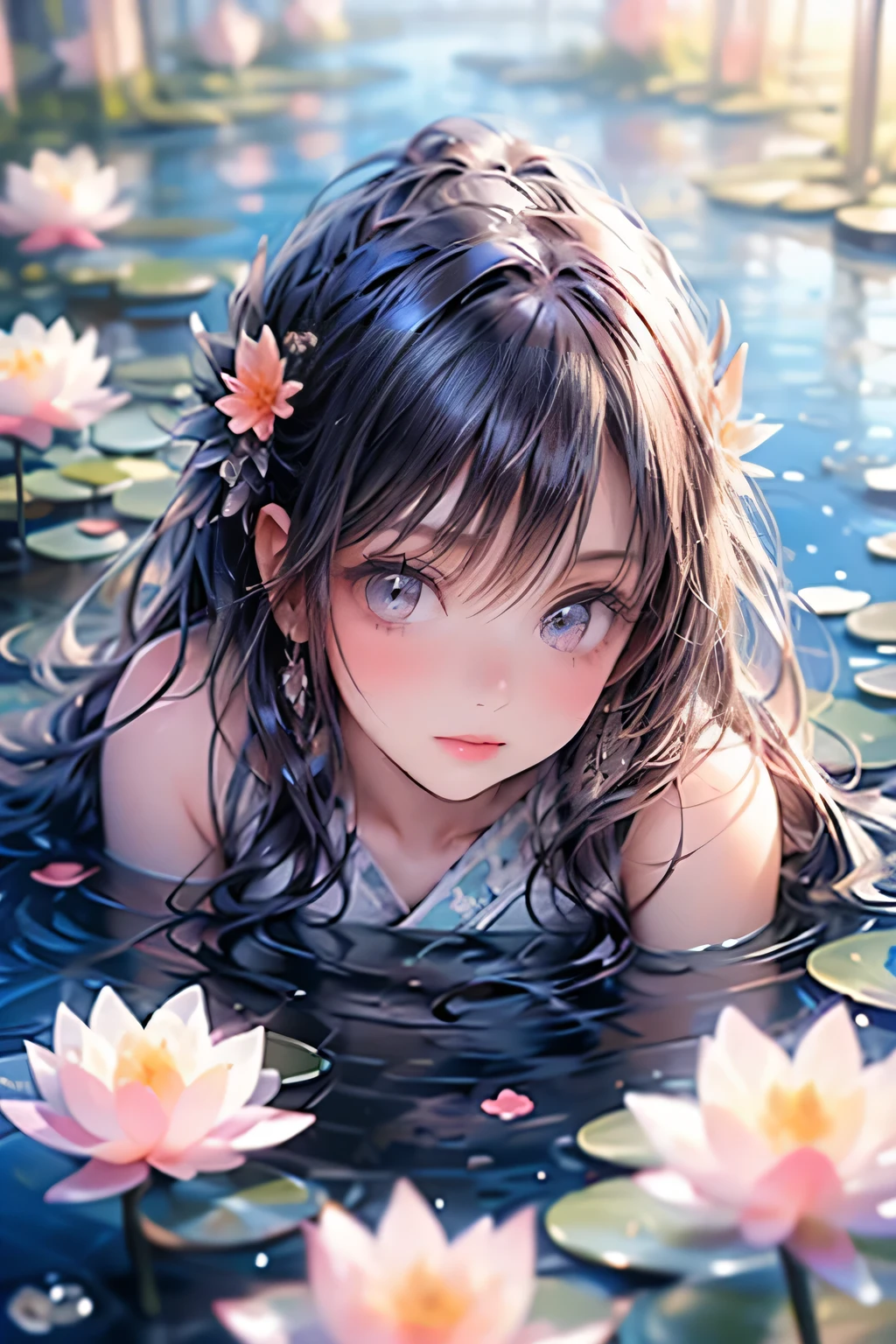 multiple exposure, masterpiece:1.2, highest quality, 16k, highres, ultra-realistic, photorealistic:1.37, beautiful detailed:1.2, cute girl, standing on a bridge spanning a water lilies pond, jet black long straight hair, blunt bangs, pond(colorful water lilies, full of water lilies), beautiful delicate elegant kimono with a water lilies motif, Beautiful and elegant pose, gently smile, beautiful delicate(hair, face, long eyelash, eyes, pupils, lips, kimono, water lilies, pond), sparkling eyes, shining rosy lips, blushed cheek, through bangs