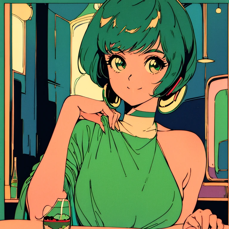 masterpiece, City Pop Style, Green Hair, fluffy bob cut, Wearing headphones, Shoulder length, alone, Futuristic, still, praise, Retro, Vintage, Ghost, A light smile, Drinking cocktails at a jazz bar, (( Wide Shot))