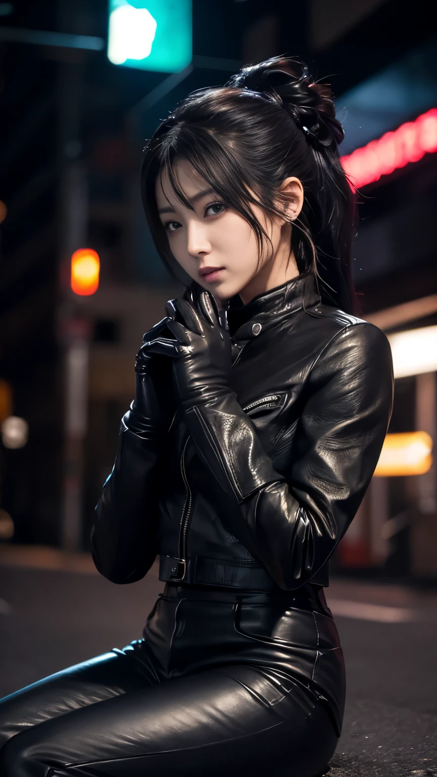 black leather rider jacket, Office in the Dark, Black leather gloved fingertips on both hands,Wearing black leather gloves,Sitting in a black leather chair、 Japanese female new recruits (Black leather gloves cover both hands) (The angle is horizontal)、Black Leather Pants,Black Leather Black Leather Pants,Black Leather Skinny Pants、Long black leather boots on both feet、Black hair ponytail ((He wears black leather gloves on his hands))Full Body Photo,full body shot full body full body leather suit,☺If you turn in this direction。Wearing black leather gloves,Wearing black leather gloves,Wearing black leather gloves,Wearing black leather gloves,Wearing black leather gloves,Wearing black leather gloves,黒のレザーパンツが美しい😍黒のレザーパンツが美しい😍黒のレザーパンツが美しい,😍Smiling while looking at me,City lights、((Neon Cyberpunk City Street:1.3))、(Neon Light)、Detailed lighting、
Best image quality、Ultra-high resolution、(realism:1.4)、Korean Beauty Star、The most beautiful KPOP stars、face、Horny Korean Makeup、A body that makes you want to touch it、Realistic leather texture、Costume made of smooth leather fabric、The drape of the curved parts of the leather fabric、The costume is very shiny、Quality of the costume、8K Photo Quality