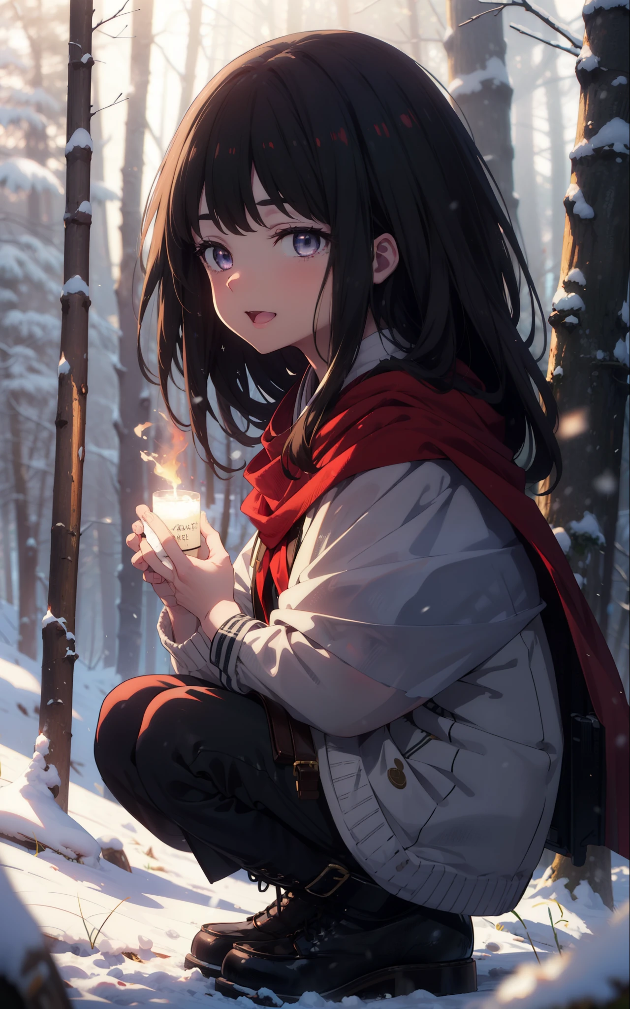 Takiuchi, Inoue Check, Long Hair, bangs, Black Hair, (Purple eyes:1.2),smile,
Open your mouth,snow, fire, Outdoor, boots, snowing, From the side, wood, suitcase, Cape, Blurred, forest, nature, Squat, Cape, winter, Written boundary depth, Black shoes, red Cape break looking at viewer, Upper Body, whole body, break Outdoor, forest, nature, break (masterpiece:1.2), highest quality, High resolution, unity 8k wallpaper, (shape:0.8), (Beautiful and beautiful eyes:1.6), Highly detailed face, Perfect lighting, Highly detailed CG, (Perfect hands, Perfect Anatomy),