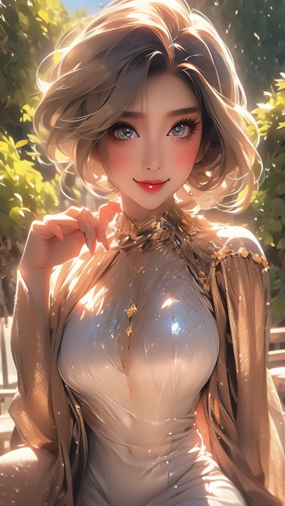 Very detailed, beautiful, highest quality, Professionally taken photos, Like a poster, detailed beautiful round eyes, beautiful detailed face, Whole Body Ezbian, Medium Long Hair, Casual Hairstyles, (Random color hair, Golden mesh), Big eyes, Random color eyes, Long eyelashes, Thick mascara, Dark eyeliner, (Huge breasts), (Bust about to burst:1.45), Wide selection, Thick waist), (Wide Hips:1.4, Toned thighs, Body Curves), 40 years old, woman, (White tight dress, white), Perfect Face, Perfect body, Sexy pose, (A shy smile), Random Location, nature, (alone), The light on my face,