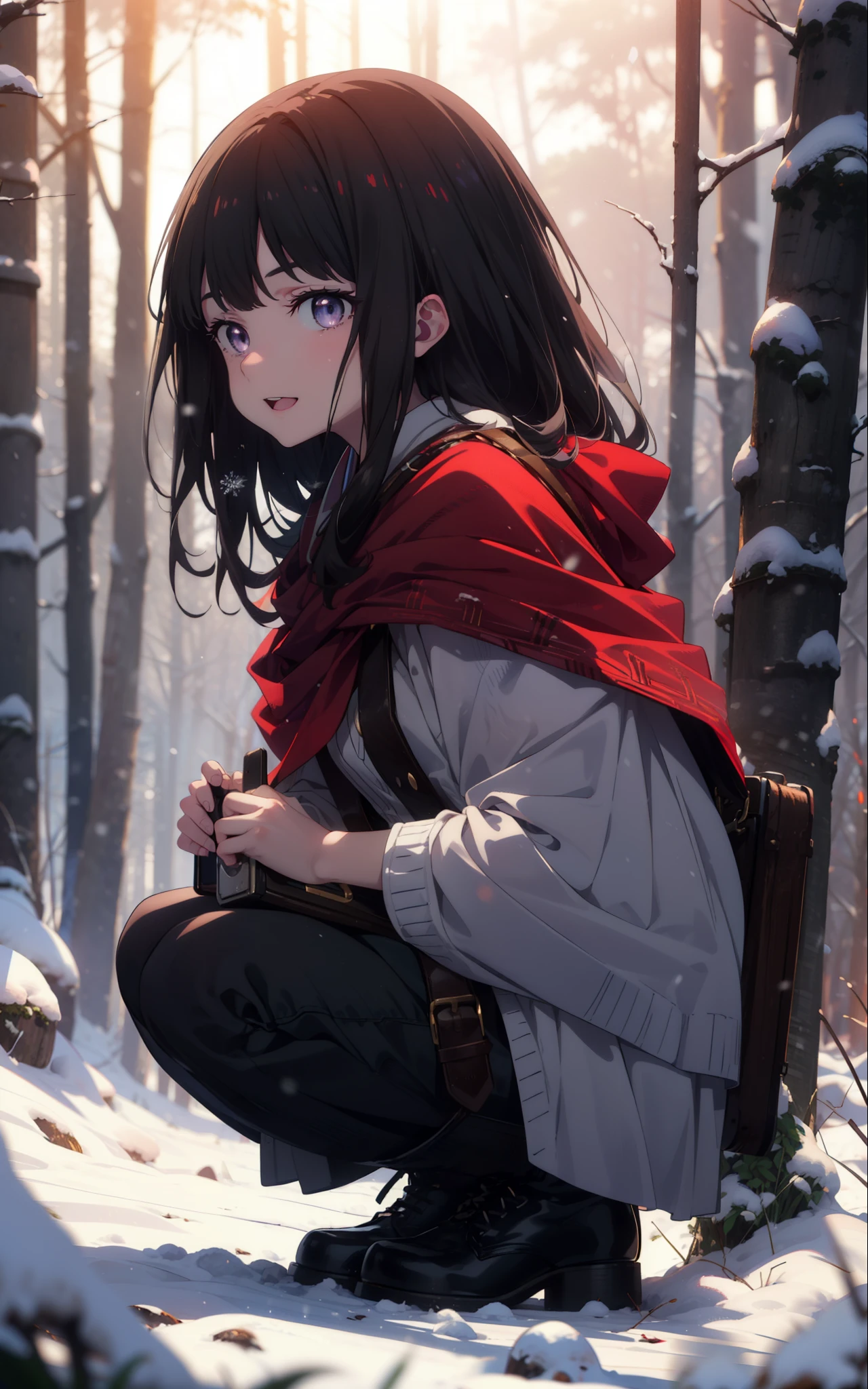 Takiuchi, Inoue Check, Long Hair, bangs, Black Hair, (Purple eyes:1.2),smile,
Open your mouth,snow, fire, Outdoor, boots, snowing, From the side, wood, suitcase, Cape, Blurred, forest,  nature, Squat,  Cape, winter, Written boundary depth, Black shoes, red Cape break looking at viewer, Upper Body, whole body, break Outdoor, forest, nature, break (masterpiece:1.2), highest quality, High resolution, unity 8k wallpaper, (shape:0.8), (Beautiful and beautiful eyes:1.6), Highly detailed face, Perfect lighting, Highly detailed CG, (Perfect hands, Perfect Anatomy),
