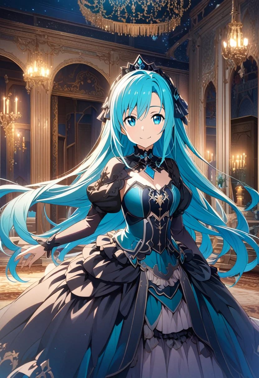 Yuuki Asuna \(Sword Art Online\), (long turquoise blue hair), (turquoise blue eyes):1.2, dark princess costume, bangs, smiling gently, navy colored rapier, ((ultra-detailed)), ((illustration)), ((flowing hair)), (beautiful detailed eyes), female, 1girl, standing, ((palace bedroom, night)), looking at viewer