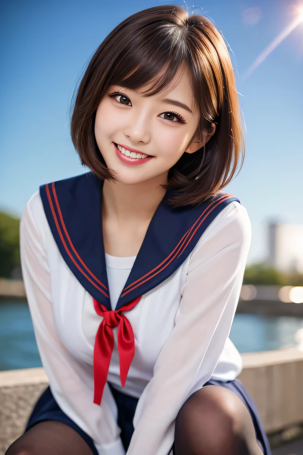 ((masterpiece)), ((highest quality)), (Super detailed), ((cute)), cute, (Lovely), ((sexy)), ((Very detailed)), (Fine grain), (Detailed facial features), (Detailed fingers), (Detailed clothing features), 4K, (8k), (beautiful), figure, Cute Japanese Women, 1 female, (Sailor suit:1.3), squat, beautiful light brown hair, (Short Bob:1.2), beautiful blue eyes, ((beautiful eyes)), Big Breasts, tights, hair ornaments, smile, White teeth, blush, School, evening, Lens flare, Shiny