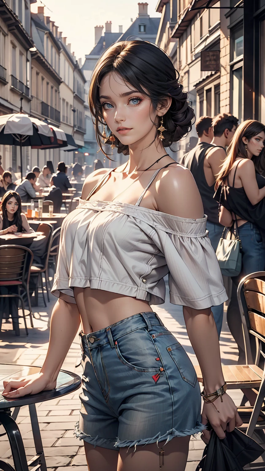 1 girl,(Black Hair Semi-Long)(Beautiful Hair), actress, smile, Shiny skin, highest quality, masterpiece, (Realistic:1.4), Terrace seats, Europe, France, Paris, Denim mini skirt (Realistic Fabric), White short sleeve (Cotton), (No logo), Thin fingers、Off-the-shoulder tops