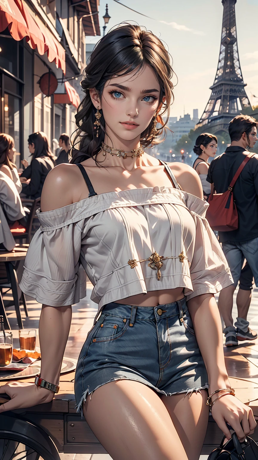 1 girl,(Black Hair Semi-Long)(Beautiful Hair), actress, smile, Shiny skin, highest quality, masterpiece, (Realistic:1.4), Terrace seats, Europe, France, Paris, Denim mini skirt (Realistic Fabric), White short sleeve (Cotton), (No logo), Thin fingers、Off-the-shoulder tops