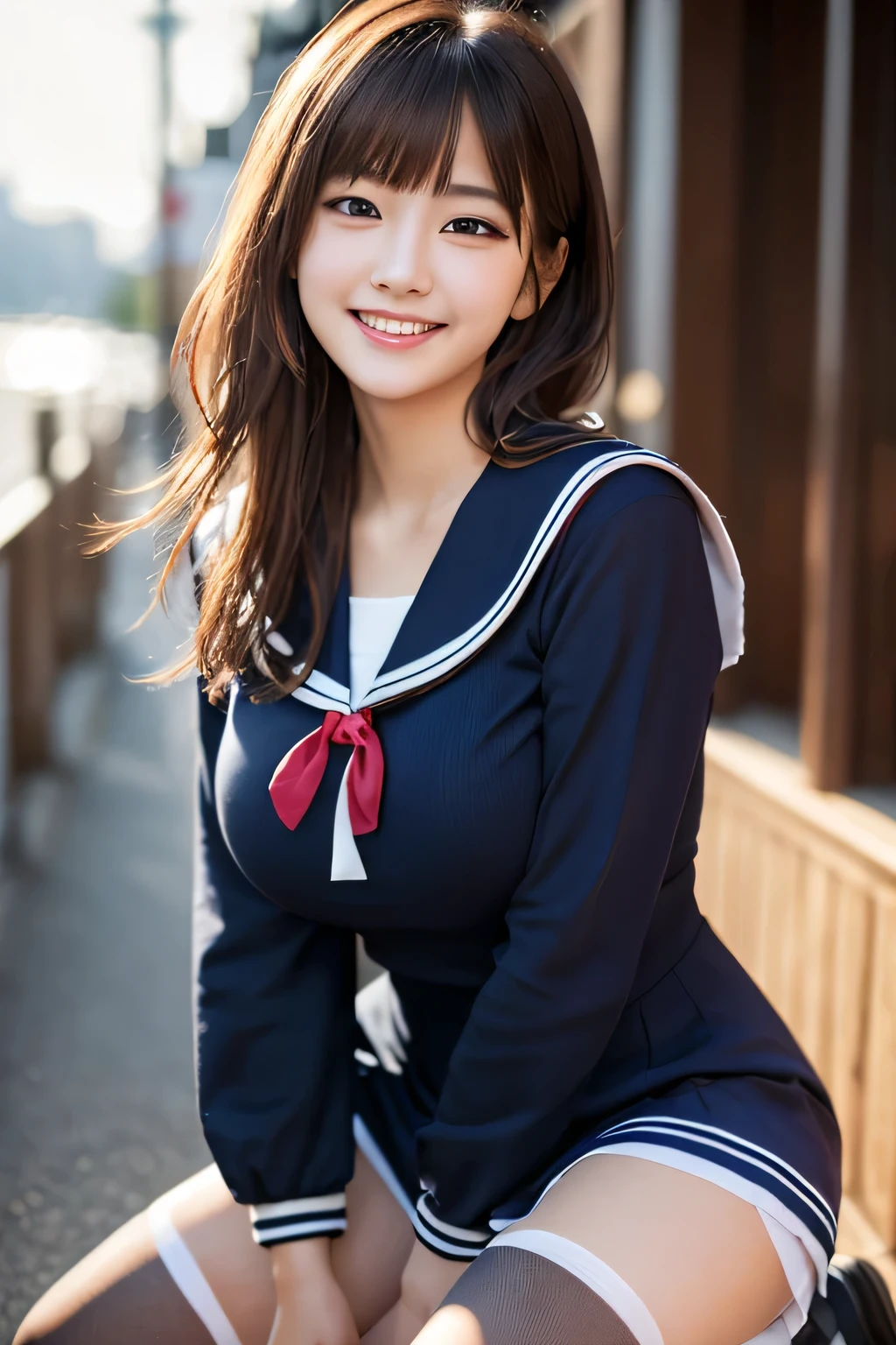 ((masterpiece)), ((highest quality)), (Super detailed), ((cute)), cute, (Lovely), ((sexy)), ((Very detailed)), (Fine grain), (Detailed facial features), (Detailed fingers), (Detailed clothing features), 4K, (8k), (beautiful), figure, Cute Japanese Women, 1 female, (Sailor suit:1.3), squat, beautiful light brown hair, (Short Bob:1.2), beautiful blue eyes, ((beautiful eyes)), Big Breasts, tights, hair ornaments, smile, White teeth, blush, School, evening, Lens flare, Shiny