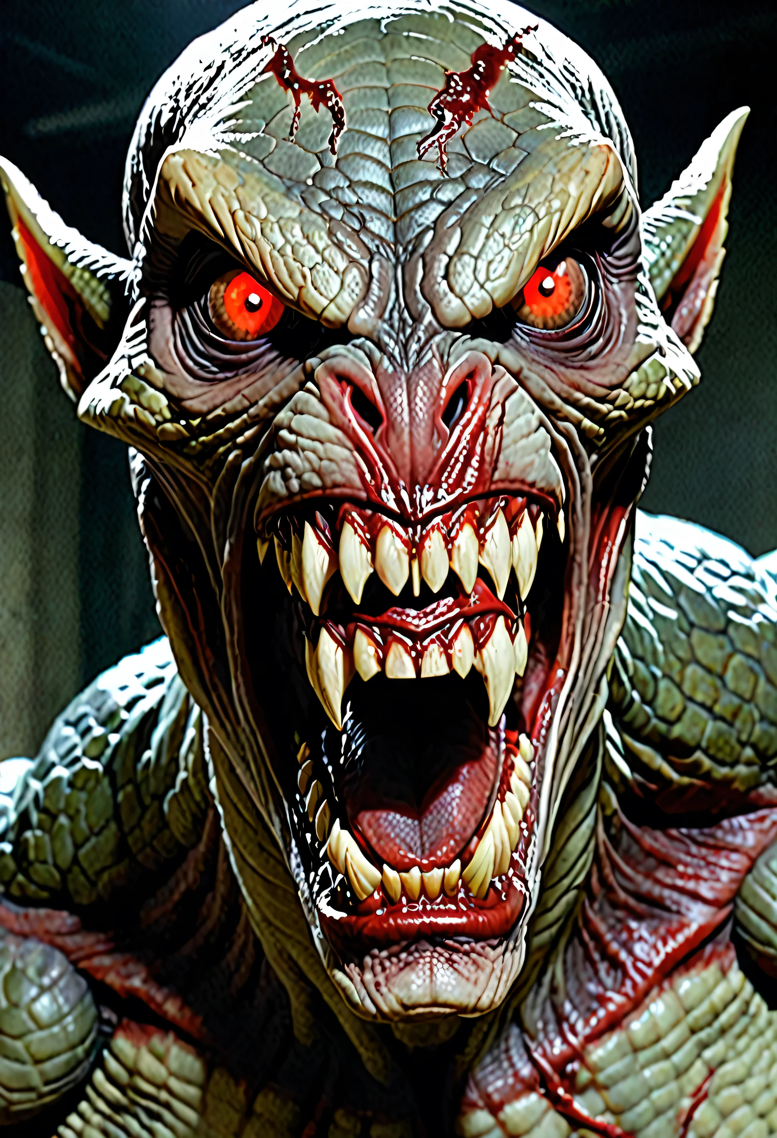 Realistic photos、Bloodshot eyes、Big mouth and many teeth、Angry scary face、quadruped、A form never seen before、Reptilian-like skin
