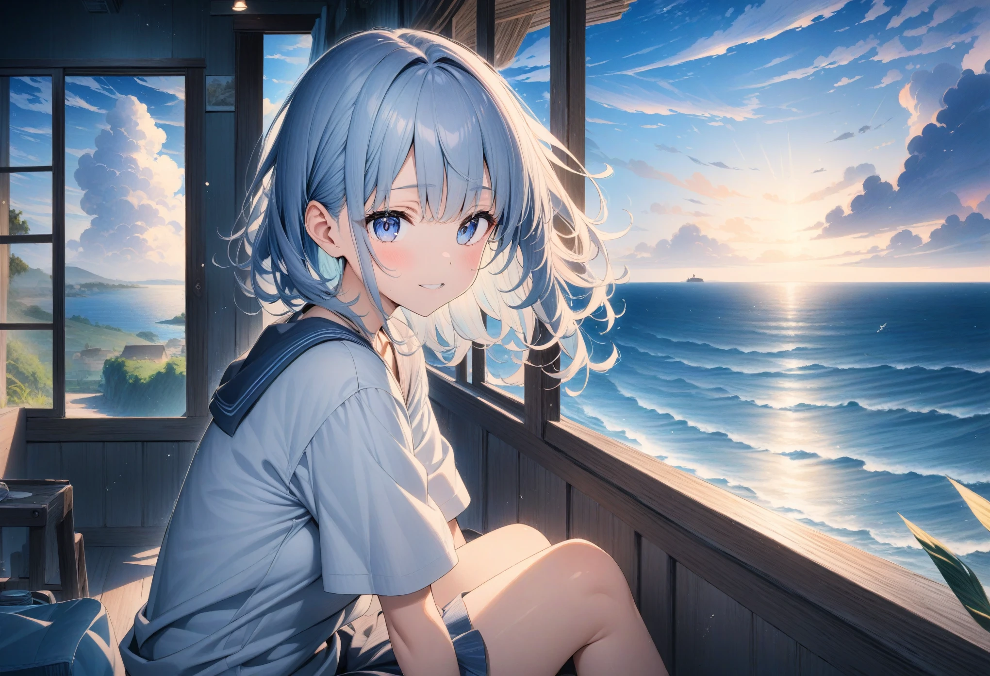 ((style:Colored pencil,pale colour)),(anime)、(masterpiece:1.2),Large cumulus clouds visible from the room、Summer sky、(Girl sitting and looking outside)、A large depiction of the blue sky、Summer landscape、Old house near the sea、(Hair fluttering in the wind)、Light effects