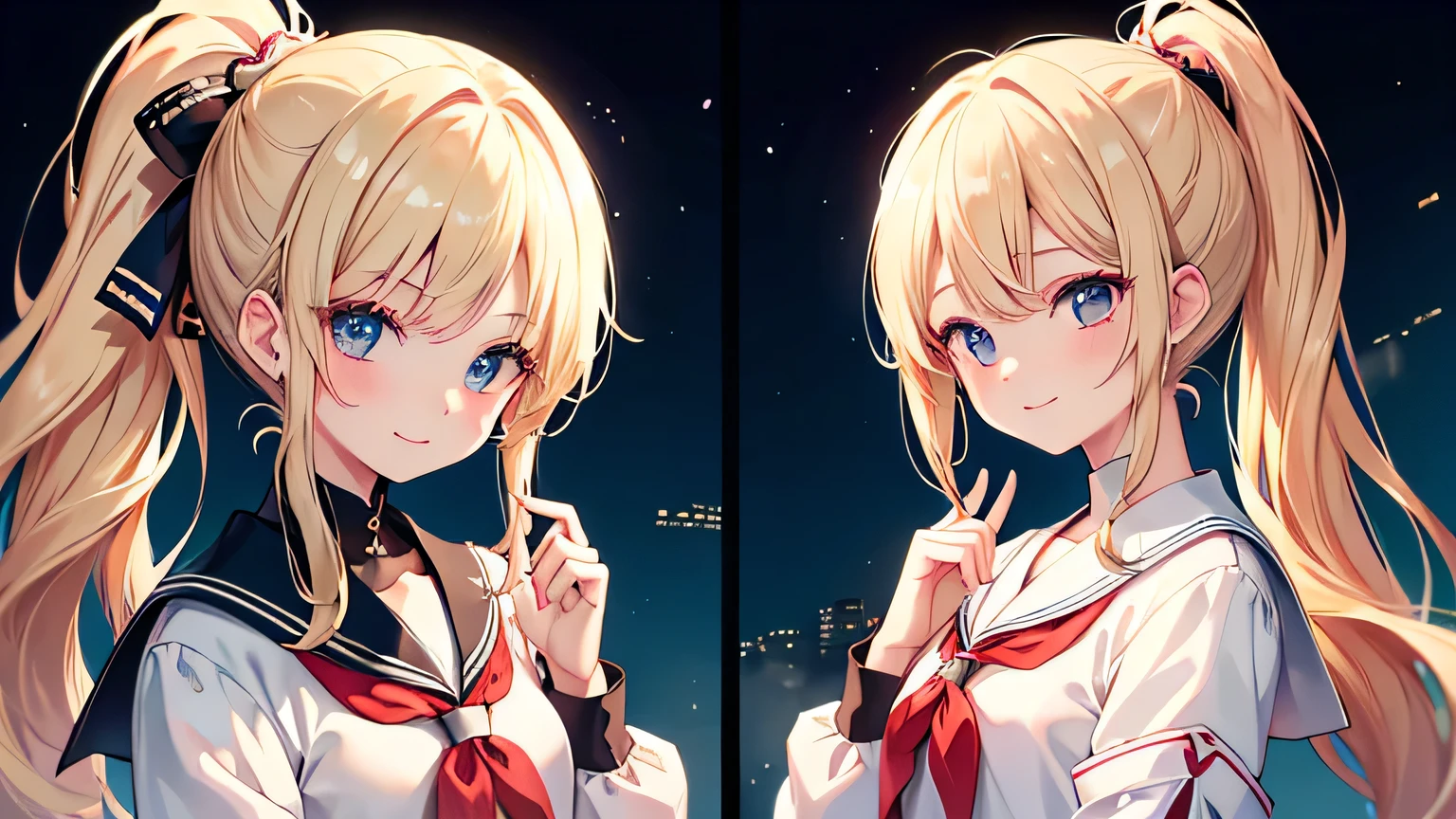((highest quality)), ((masterpiece)), (detailed), Perfect Face、evening、On the way home、blonde、Smooth Hair、ponytail、Sailor suit、A shy smile、Upper Body、Angle from the side、8K、