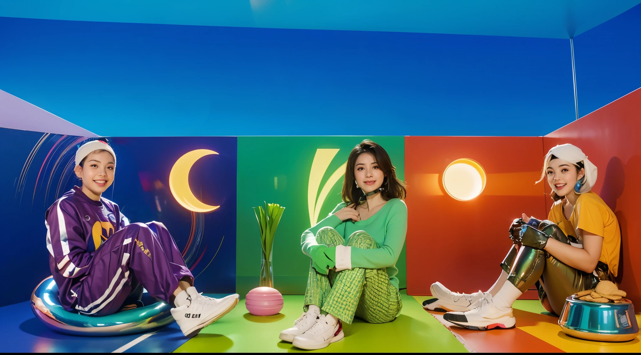 An empty room with a wooden floor, colored walls (red, blue, and green) and a white ceiling. The walls meet at a corner, creating a rainbow color effect on the floor. glossy texture, smooth 3d model, multiple light sources, rim light, sharp post effects render, (glossy plastic texture with multiple big light probe refractions), perfect cgi, smooth silhouette, high intensity refraction, (super glossy material), most beautiful vfx, blue background, plastic refractions, realistic, 4k, high resolution, rim light, photo shoot, commercial photo, profile shot, 4k, rim light, high resolution, 4k, glossy texture, smooth 3d model, multiple light sources, rim light, sharp post effects render, (glossy metallic texture with multiple big light probe refractions), perfect cgi, cgi art created only with gradients, smooth silhouette, high intensity refraction, (super glossy chrome material), most beautiful vfx, blue background, chrome metal refractions, multiple light sources, rim light, sharp post effects render, perfect cgi, digital art, detailed digital art, reflective, bestPurple creature with black eyes and a smile and a pool in its mouth deep children's water pool filled with beautiful water with waves. A young girl sits on a pool float with an alien character in the background. The image depicts a close-up of a large, metallic spider-like robot with six legs and a body that resembles a combine