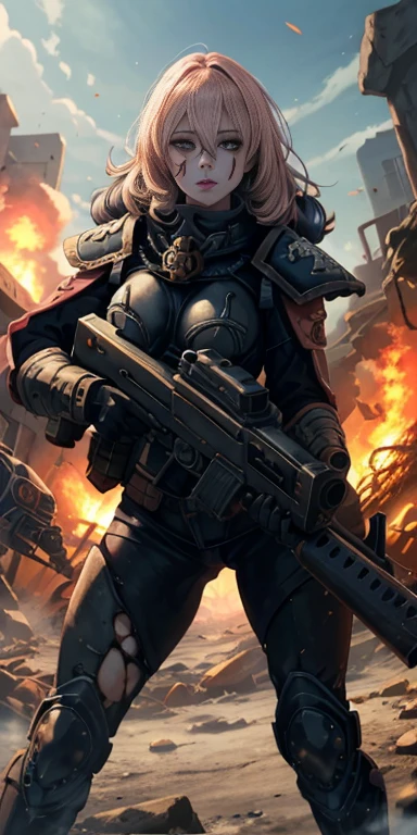 (masterpiece:1.2), (best quality:1.2), perfect eyes, perfect face, perfect lighting, 1girl, mature whsororitas axolotl mutant soldier with a laser rifle in her hands, scar over one eye, eyepatch, red tabard, pink axolotl feelers, warhammer 40k, chaos, fire, scifi, detailed ruined city background, black bodyglove catsuit