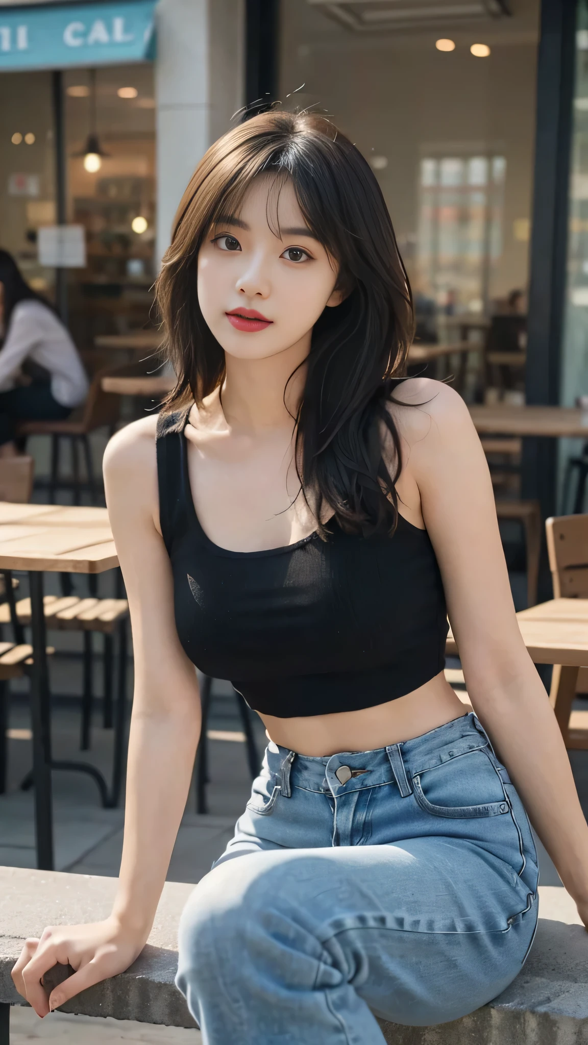 masterpiece, top-quality, 1 beautiful girl, (Detailed beautiful eyes), ((Detailed skin)) , ((Detailed medium hair)), A beautiful girl in black crop top and ripped jeans oversize, colorfull, RAW photos, Camera angle behind, sitting outside the coffee, CG rendering, Blurred background, deep shadow, 16K, bokered, Very detailed, wallpaper, depth of field, movie light, Ray tracing.