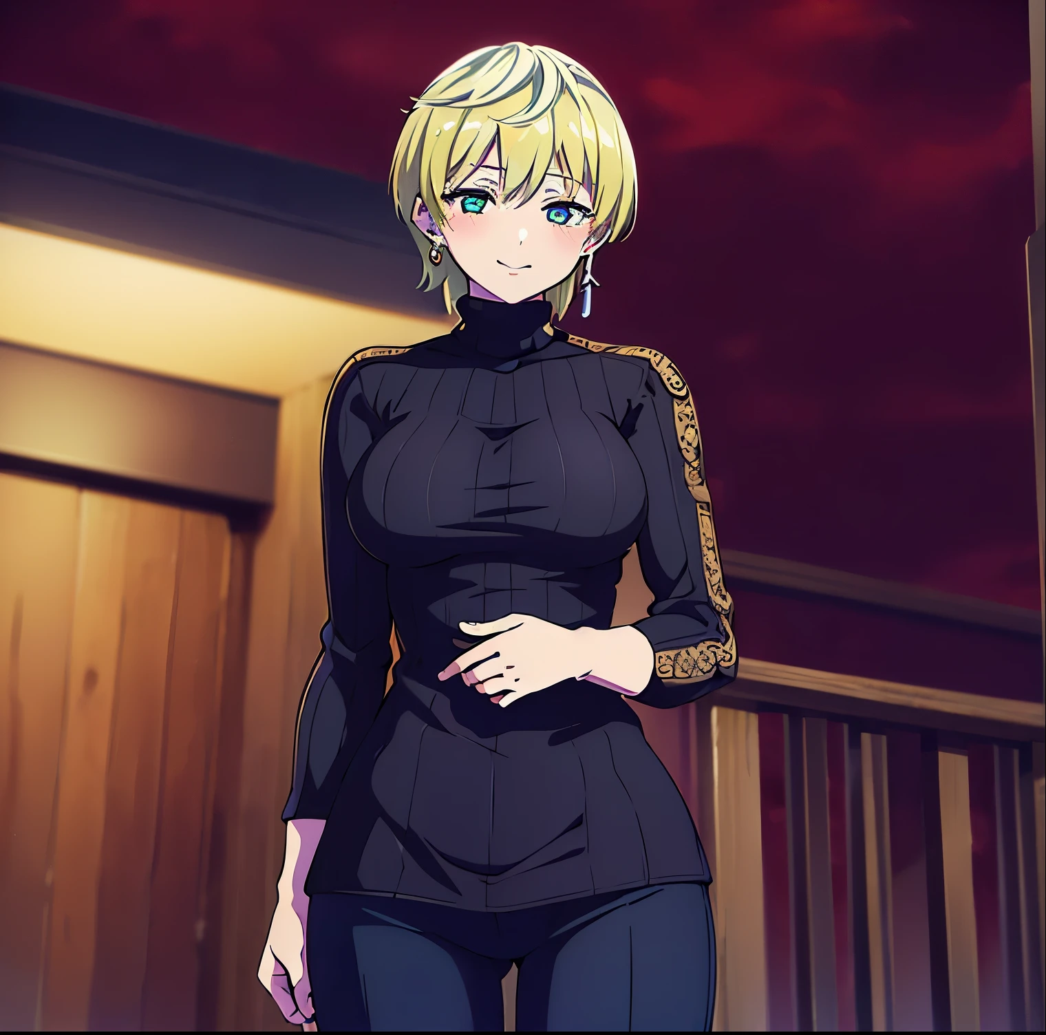 1 girl, alone, Tenka Izumo, short hair, aqua eyes, blonde hair, smile, jewelry, choker, blush, black sweater, tight sweater, turtleneck, high waisted pants, black pants, standing, outdoors, city, looking at viewer,from behind ,pov(from below),cowboy photo, (masterpiece: 1.2),sexy body, best quality, high resolution, (illustration: 0.8), (beautiful detailed eyes: 1.6), detailed, breasts large, medium waist, wide hips, round butt, perfect lighting, extremely detailed, (perfect hands, perfect anatomy),
