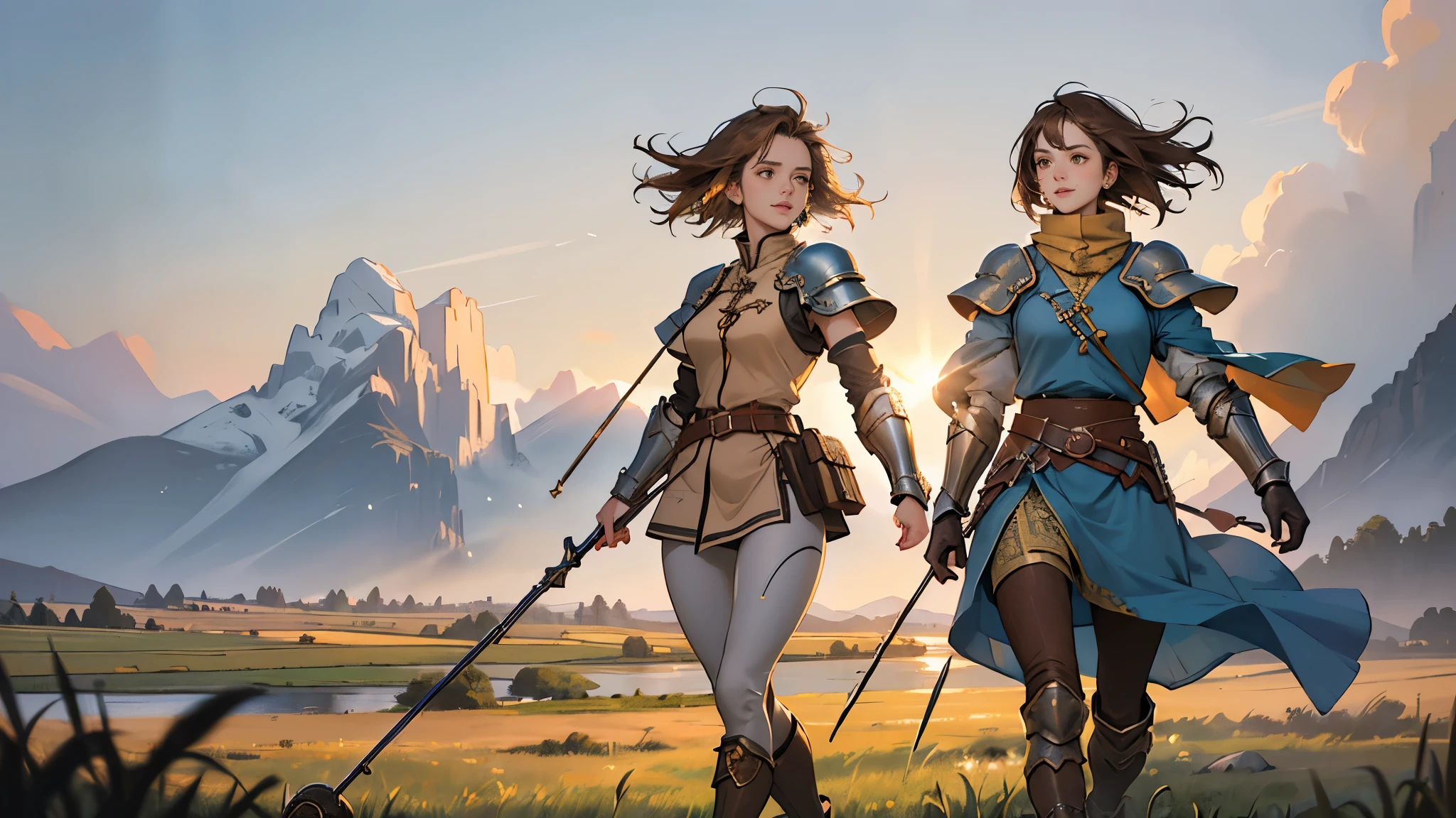 Hyper detailed full body shot of a group of women, masterpiece, conceptual portrait, hyper detailed medieval dress in neutral warm colors, character concept of medieval adventure movie, the entire figure dressed in witcher style, standing facing the viewer:1.5, frontal full body shot, beautiful woman, skinny thin waist:1.5, small breasts:1.5, curvy hips and thighs:1.5, straight brown hair, detailed face, tangledadventure:1, RootsBranchesAI