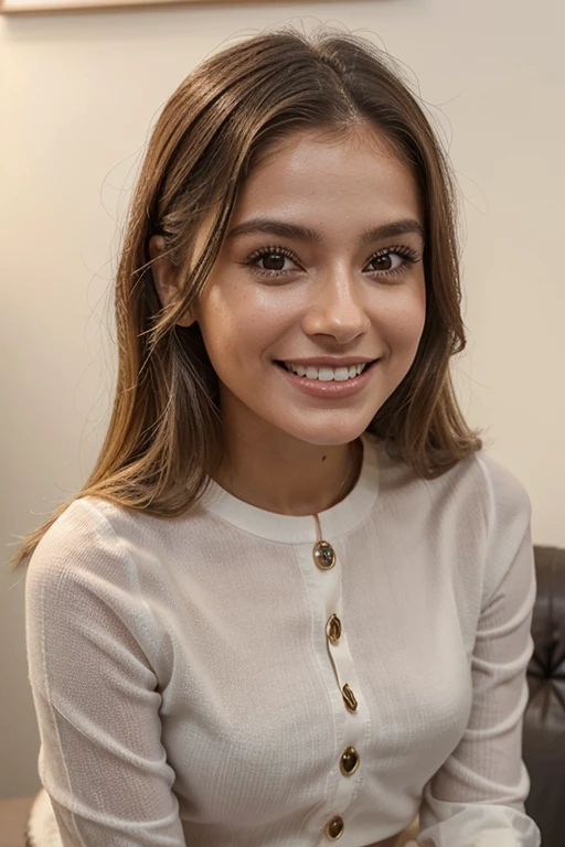 cria uma mulher influencer digital, com rosto o, bem vestida , meiga, com lindo sorrido e dentes grandes, cabelos longos, standing