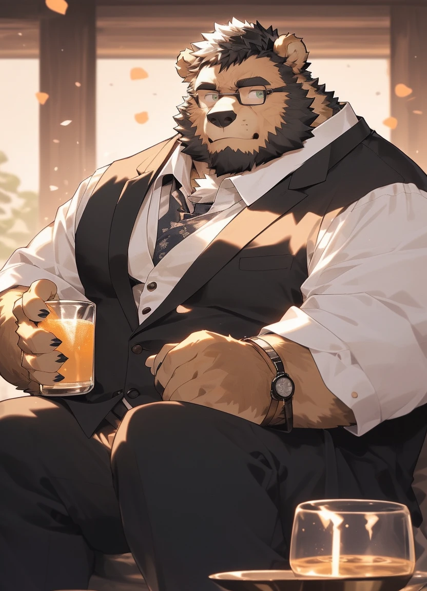 hairy，（Bear）（Black suit：1.3）beard，Golden fur，male，Common，（Drink tea from a cup），极其lifelike阴影，masterpiece，Very detailed，lifelike。