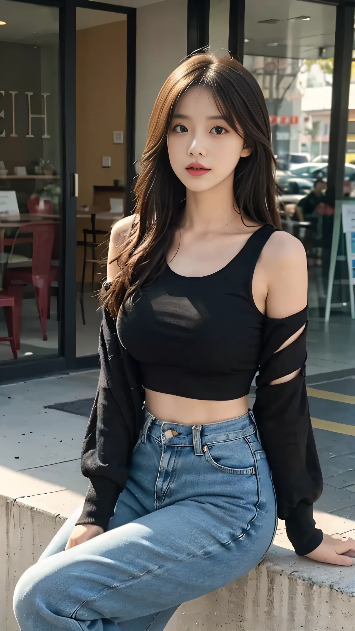 masterpiece, top-quality, 1 beautiful girl, (Detailed beautiful eyes), ((Detailed skin)) , ((Detailed medium hair)), A beautiful girl in black crop top and ripped jeans oversize, colorfull, RAW photos, Camera angle behind, sitting outside the coffee,  CG rendering, Blurred background, deep shadow,  16K, bokered,   Very detailed, wallpaper, depth of field, movie light, Ray tracing.