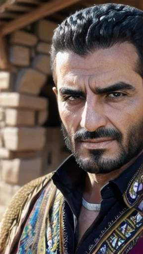 a Lebanese man in a village, focus on the character's face