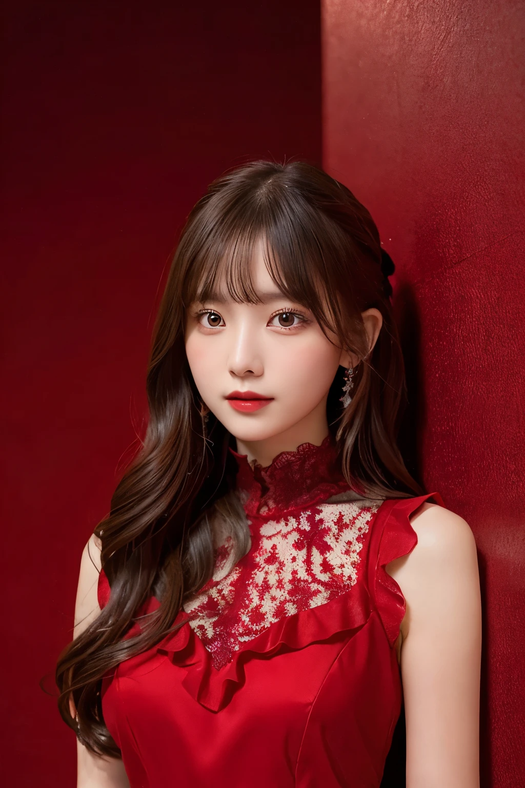 A young woman standing in front of a crimson background、She is wearing a gorgeous red dress。The dress is decorated with lace and frills.、The design exposes the shoulders.。The woman&#39;s long hair is softly wavy、Her head is adorned with a red flower hair accessory.。She has gorgeous gold earrings hanging from her ears.。

The woman&#39;s expression is full of confidence、The slightly sad eyes are characteristic.。The details of the dress are exquisite、The floral decoration on the chest is particularly eye-catching.。There are butterflies fluttering in the background.、It creates a fantastic and romantic atmosphere.。

as a whole、The beauty of women and the passionate color of red stand out.、Gives a dramatic and elegant look。