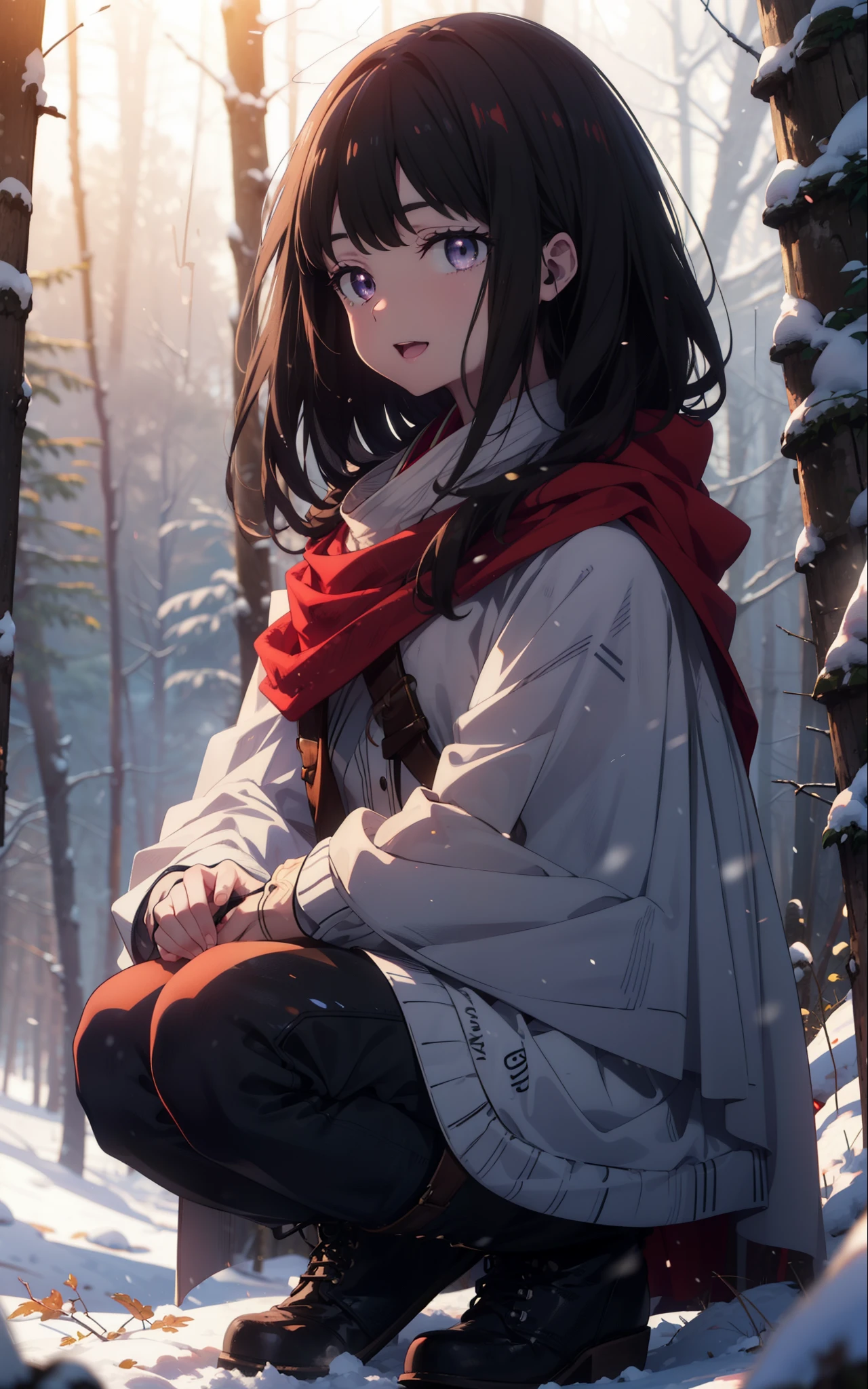 Takiuchi, Inoue Check, Long Hair, bangs, Black Hair, (Purple eyes:1.2),smile,
Open your mouth,snow, fire, Outdoor, boots, snowing, From the side, wood, suitcase, Cape, Blurred, forest,  nature, Squat,  Cape, winter, Written boundary depth, Black shoes, red Cape break looking at viewer, Upper Body, whole body, break Outdoor, forest, nature, break (masterpiece:1.2), highest quality, High resolution, unity 8k wallpaper, (shape:0.8), (Beautiful and beautiful eyes:1.6), Highly detailed face, Perfect lighting, Highly detailed CG, (Perfect hands, Perfect Anatomy),
