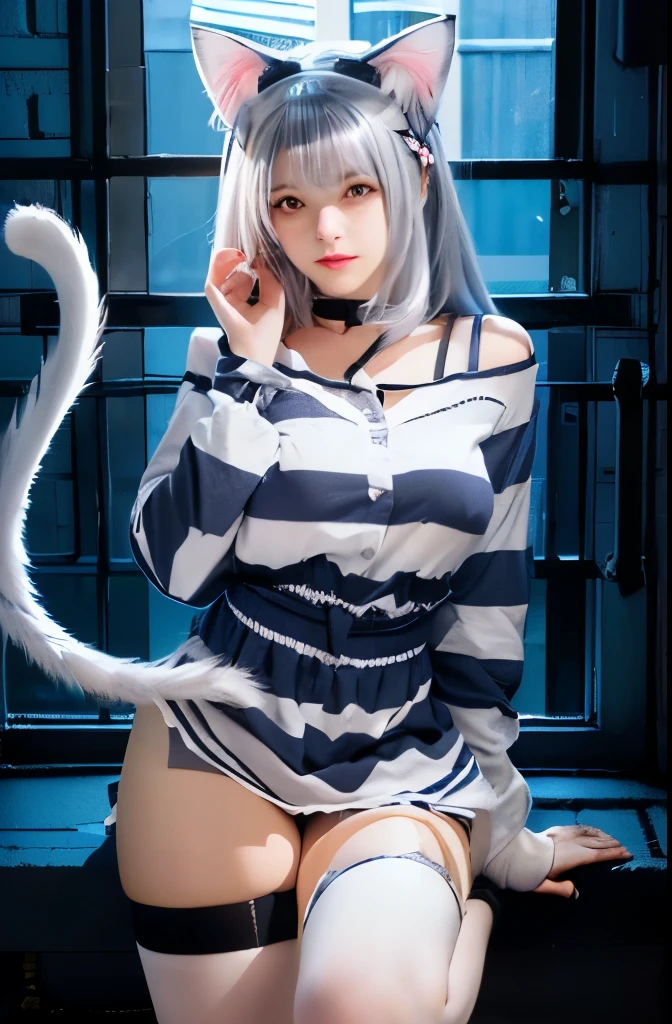  girl with cat ears and a striped shirt posing in front of a window, white cat girl, neferpitou, in prison, in jail, in a prison cell,  catgirl, cat girl, silver eyes full body, cute catgirl, nyaruko-san, beautiful  catgirl, attractive cat girl, seductive girl